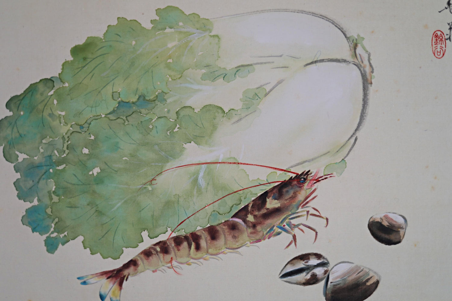 Japanese old watercolor painting scroll, seafood and vegetable ,early 19th hanging scroll Kakejiku with sign and BOX wall art H47.6in/121cm