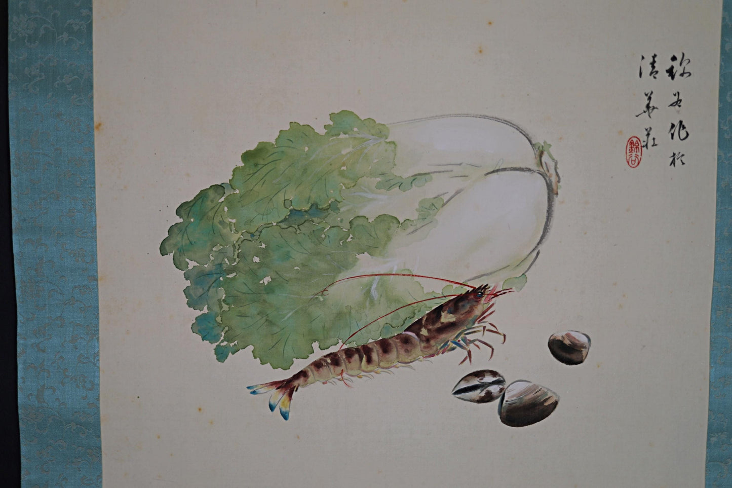Japanese old watercolor painting scroll, seafood and vegetable ,early 19th hanging scroll Kakejiku with sign and BOX wall art H47.6in/121cm