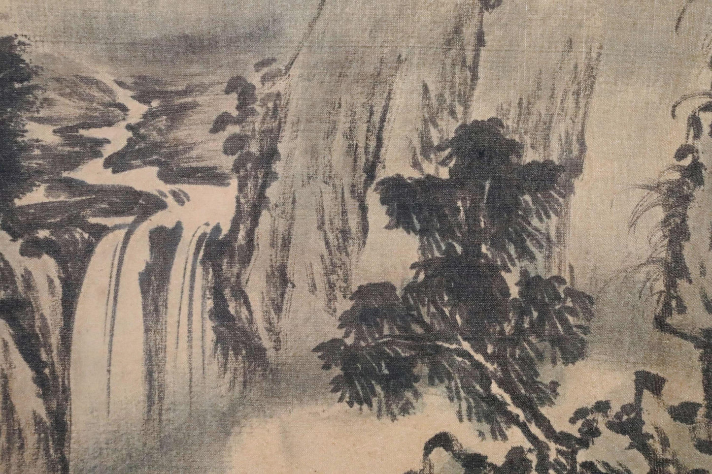 Japanese vintage India-ink painting scroll fine Landscape Mountain View Clouds, Waterfalls and Hermits Kanji sign KAKEJIKU H56.3in/H143cm