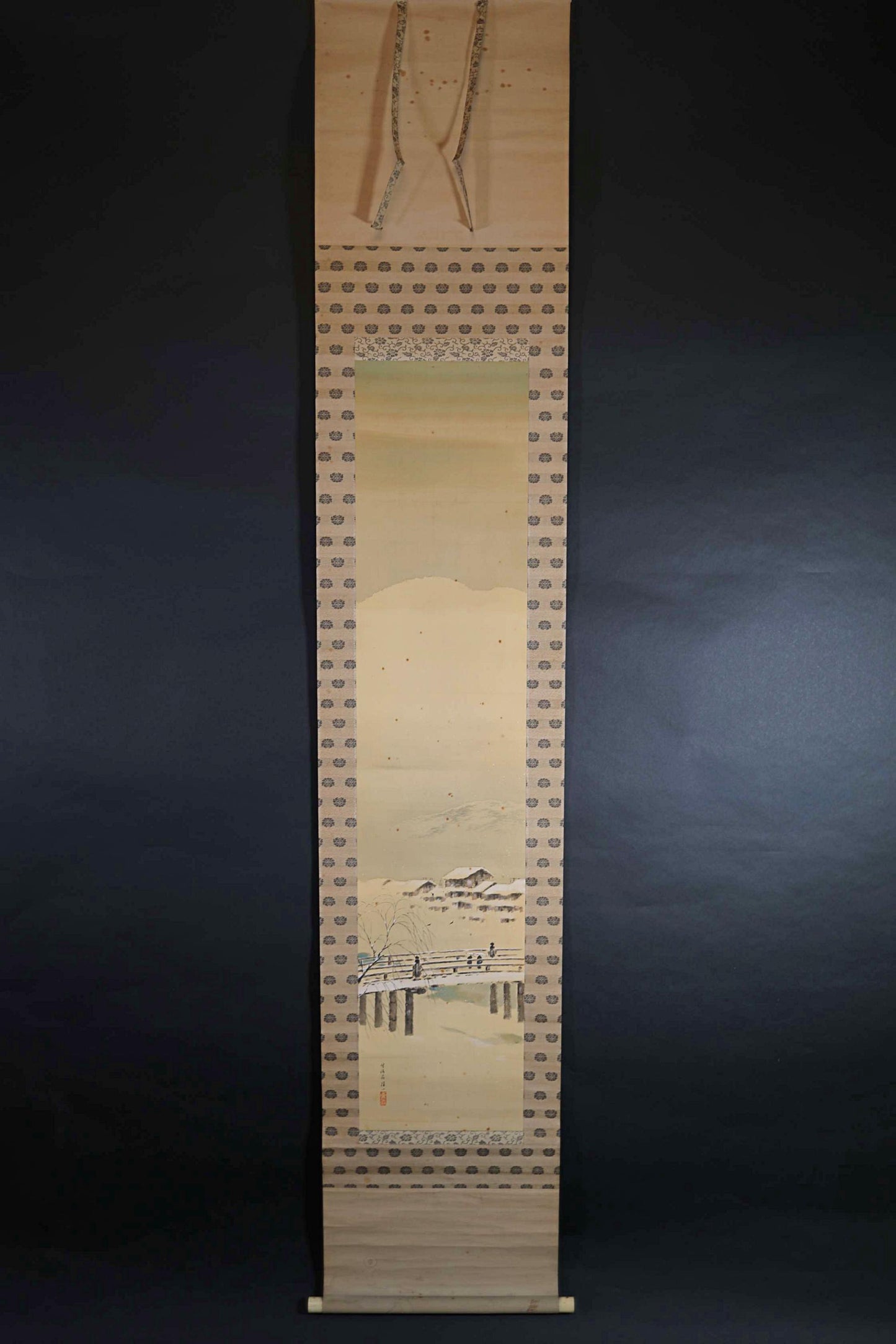Japanese antique hanging scroll of water color painting, Kyoto Kamogawa in snow, with signature, early 1900s H78.3×14.6in / H199x37cm
