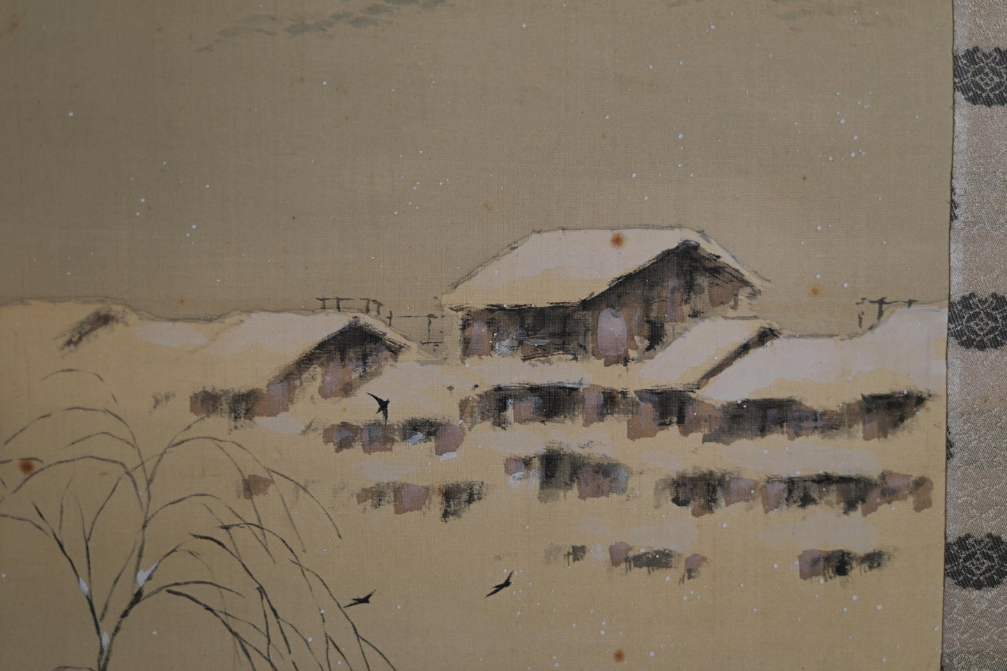 Japanese antique hanging scroll of water color painting, Kyoto Kamogawa in snow, with signature, early 1900s H78.3×14.6in / H199x37cm