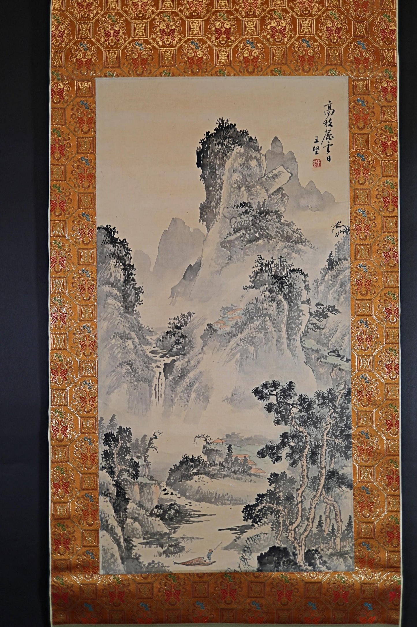 Chinese antique brush ink painting scroll fine Landscape in mountain valley, Kanji signature, KAKEJIKU H65×22.8in / H165x58cm