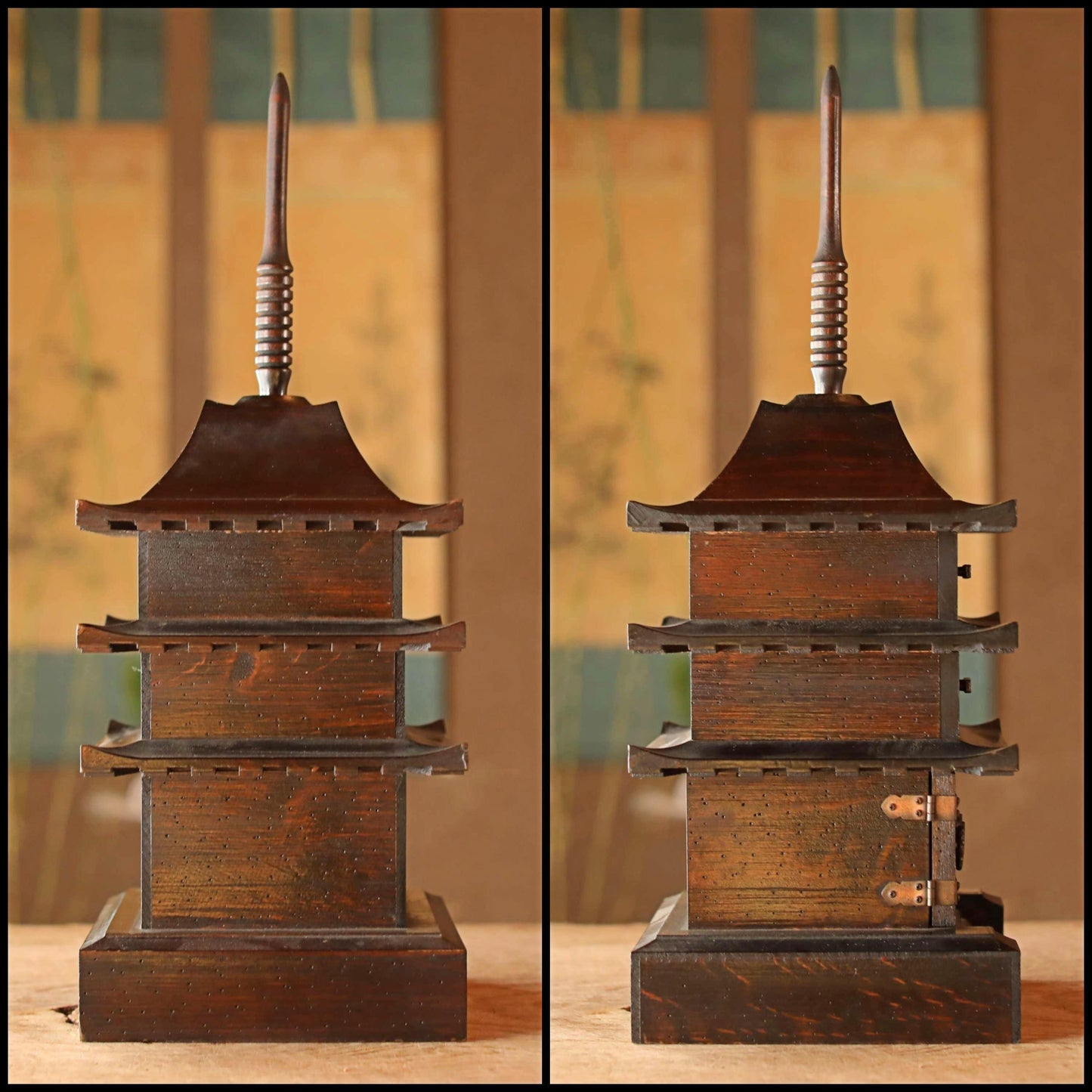 Japanese large size wooden chest of drawers three-storied Pagoda Buddhist architecture, Japanese furniture interior H20.1×7.9in/H51×20cm