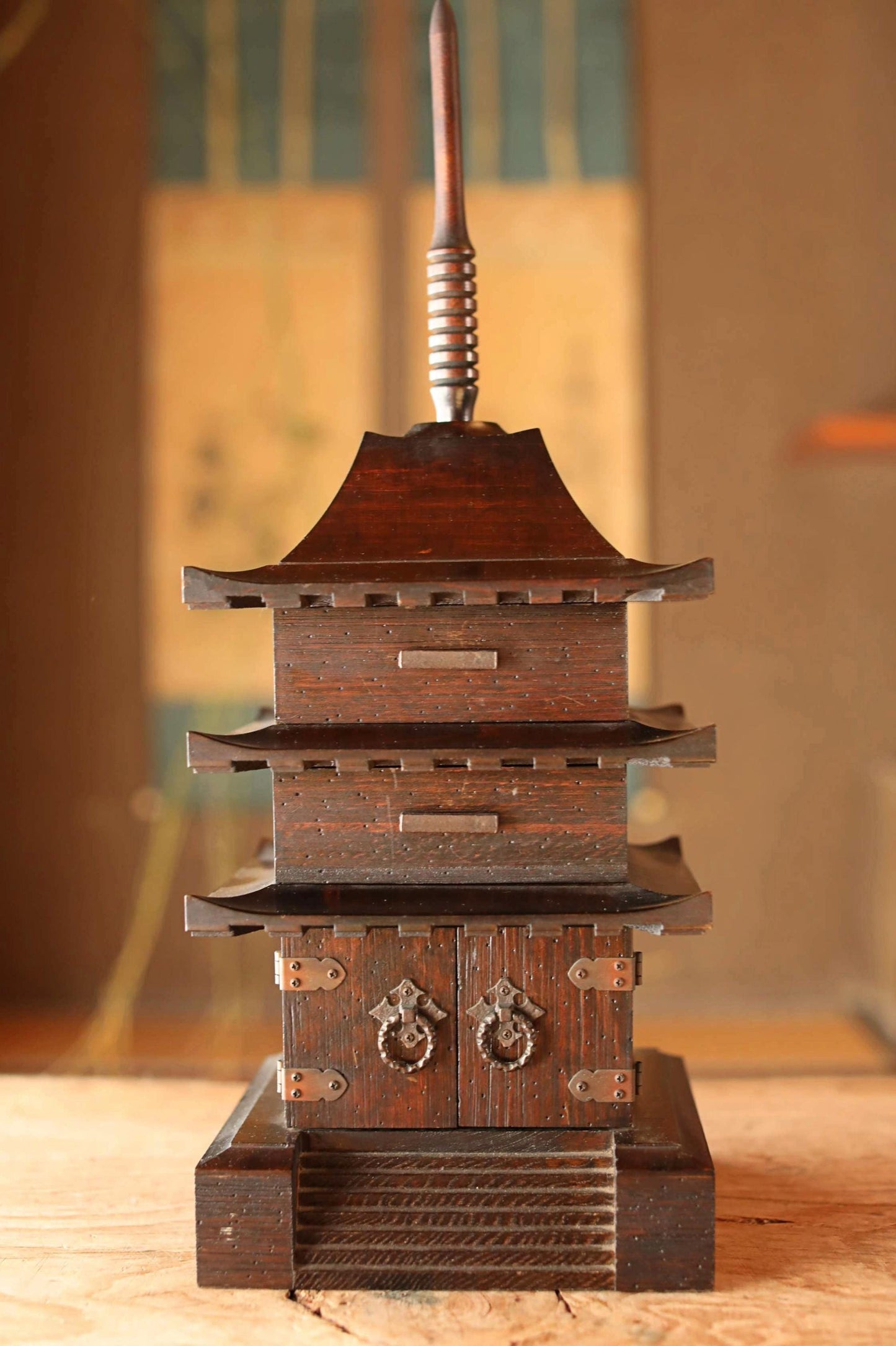 Japanese large size wooden chest of drawers three-storied Pagoda Buddhist architecture, Japanese furniture interior H20.1×7.9in/H51×20cm