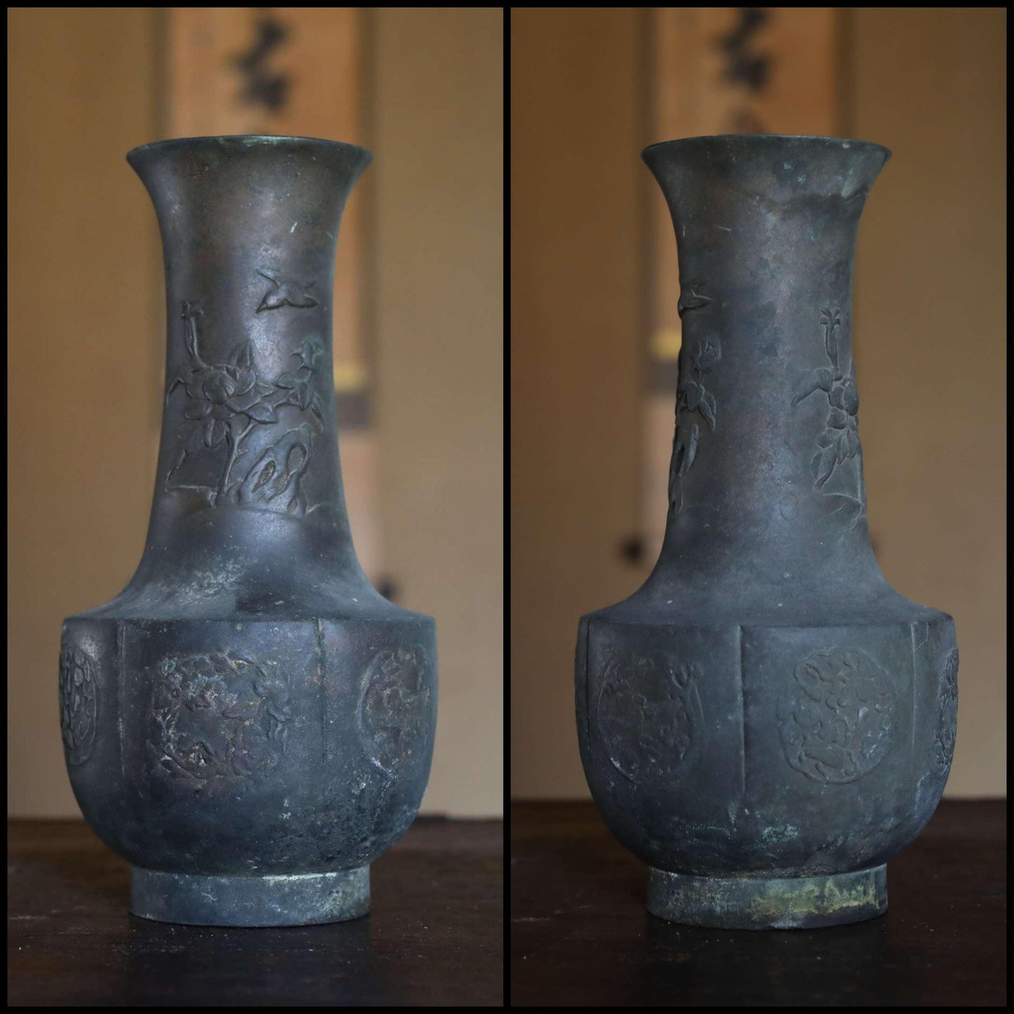 Japanese Antique 1900s bronze vase with Flowers and Birds relief, metal hand craft vase for GIFT, H8×W3.9in/H20.3×10cm