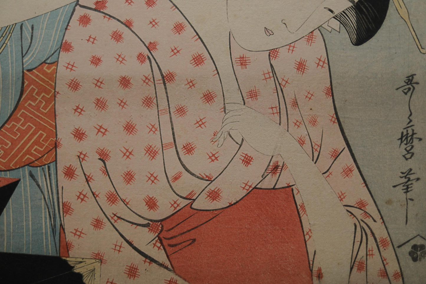 Japanese antique art of Ukiyoe with signature 歌麿Utamaro, Kimono geisha block printing with wooden flame, wall deco picture H24.8in/H63cm
