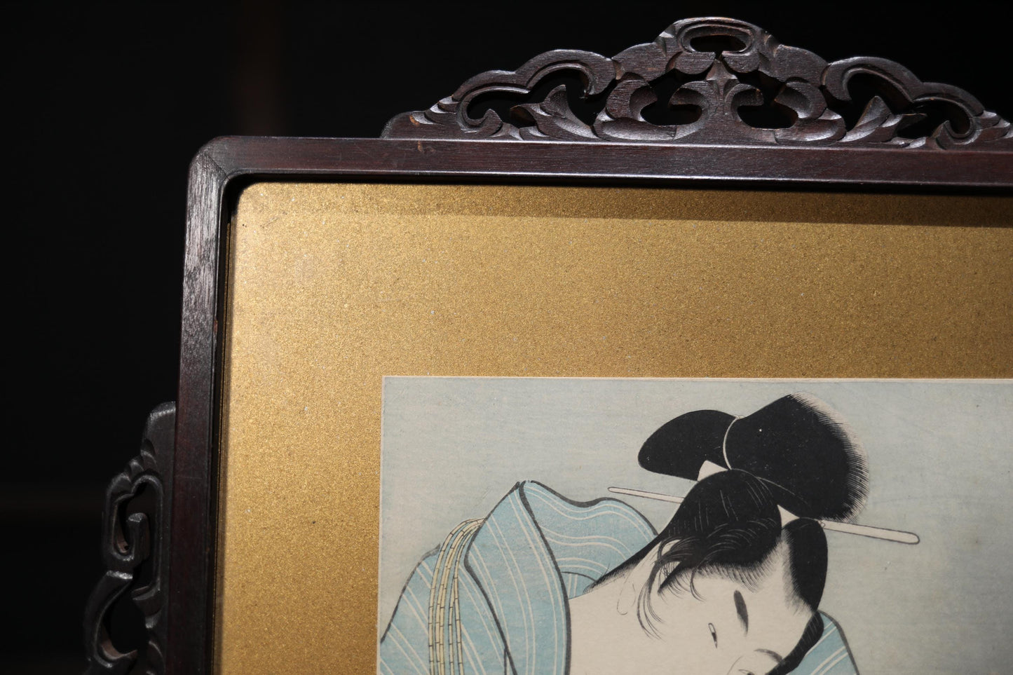 Japanese antique art of Ukiyoe with signature 歌麿Utamaro, Kimono geisha block printing with wooden flame, wall deco picture H24.8in/H63cm