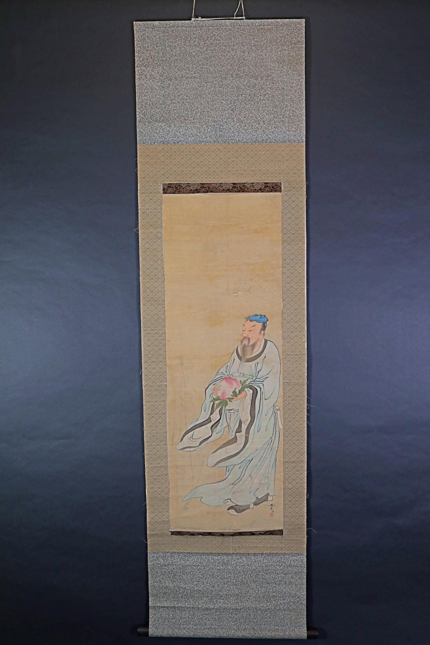 Japanese antique 1800s 文晁 ink painting scroll hermit Zen painting, ink and wash old hanging scroll Kakejiku Kanji signature H66.9in/H170cm