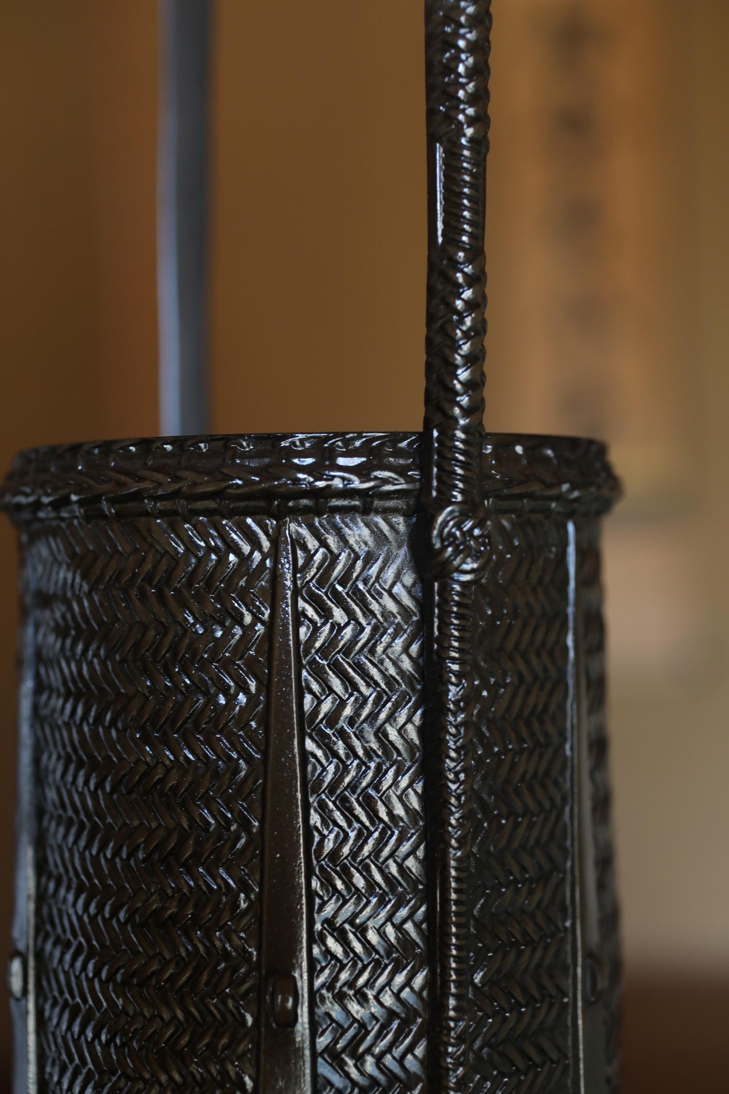 Japanese antique bronze Ornament vase shaped as bamboo basket 高岡Takaoka copper ware ikebana utensil Tea ceremony, H16.5in/H42cm