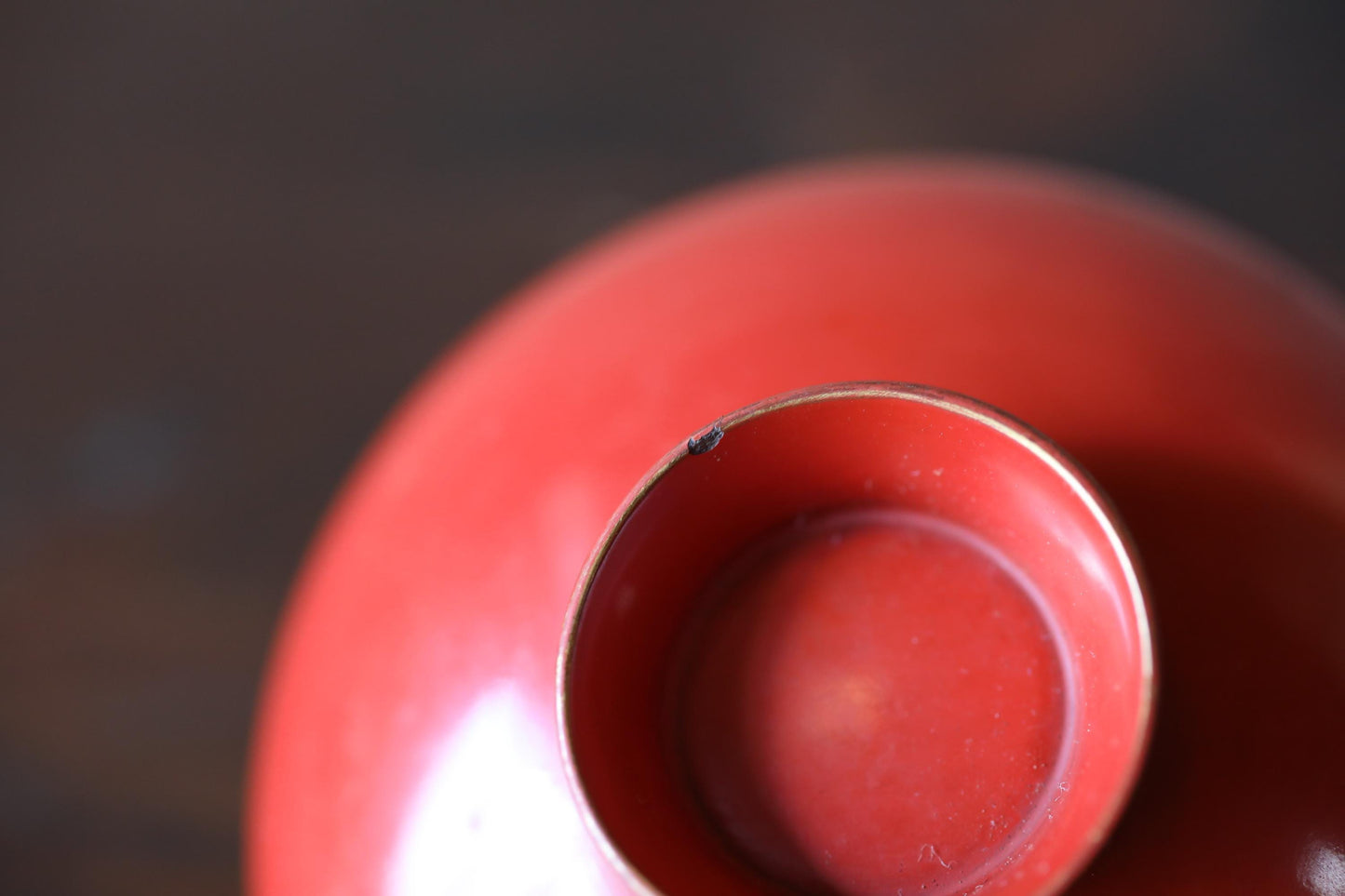 Red lacquer wooden sake cup with a SAMURAI family crest (foxglove tree), Japanese vintage wooden urushi "SAKAZUKI" 3.5in/9cm