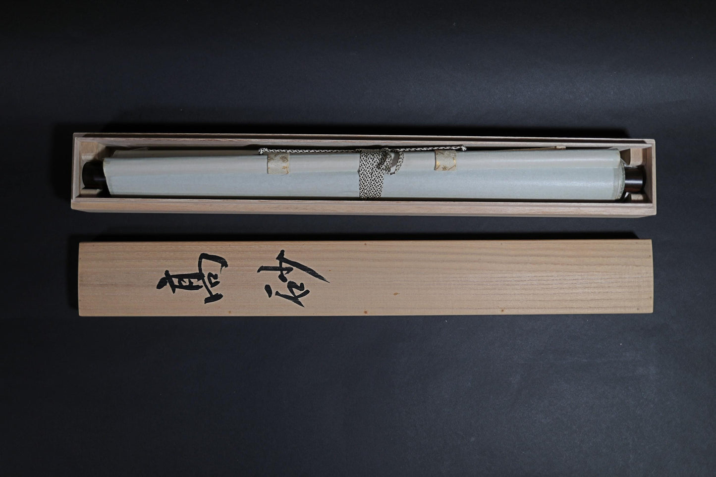 Japanese antique watercolor painting scroll for "高砂 Takasago" old couple , KAKEJIKU with BOX 1970s Kanji signature H71.7×21.1in