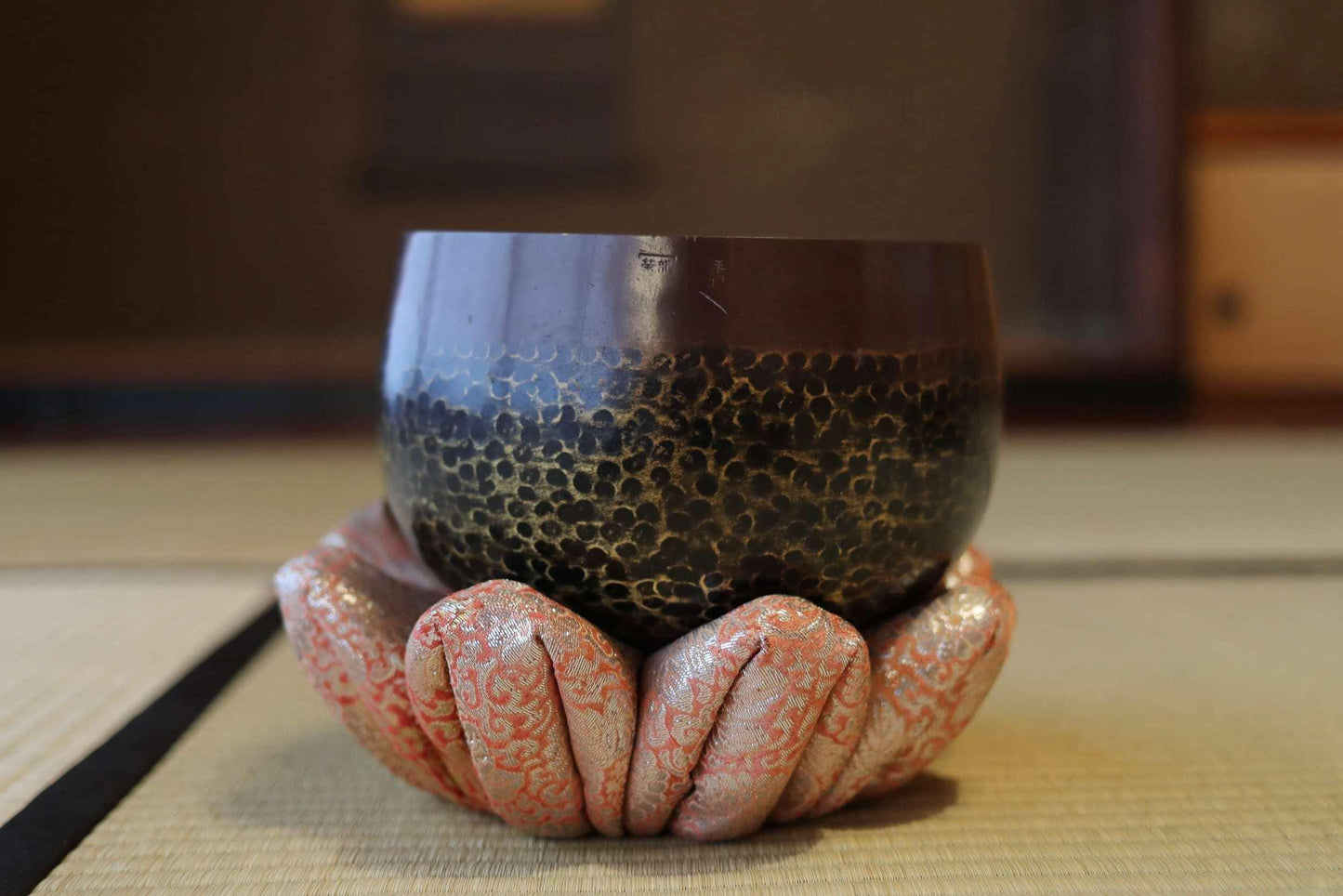 Japanese vintage Bronze buddhist chanting bell with Kanji sign 栄龍, Singing Bowl, ORIN Buddhist temple with silk cushion stick 7.4in/18.7cm