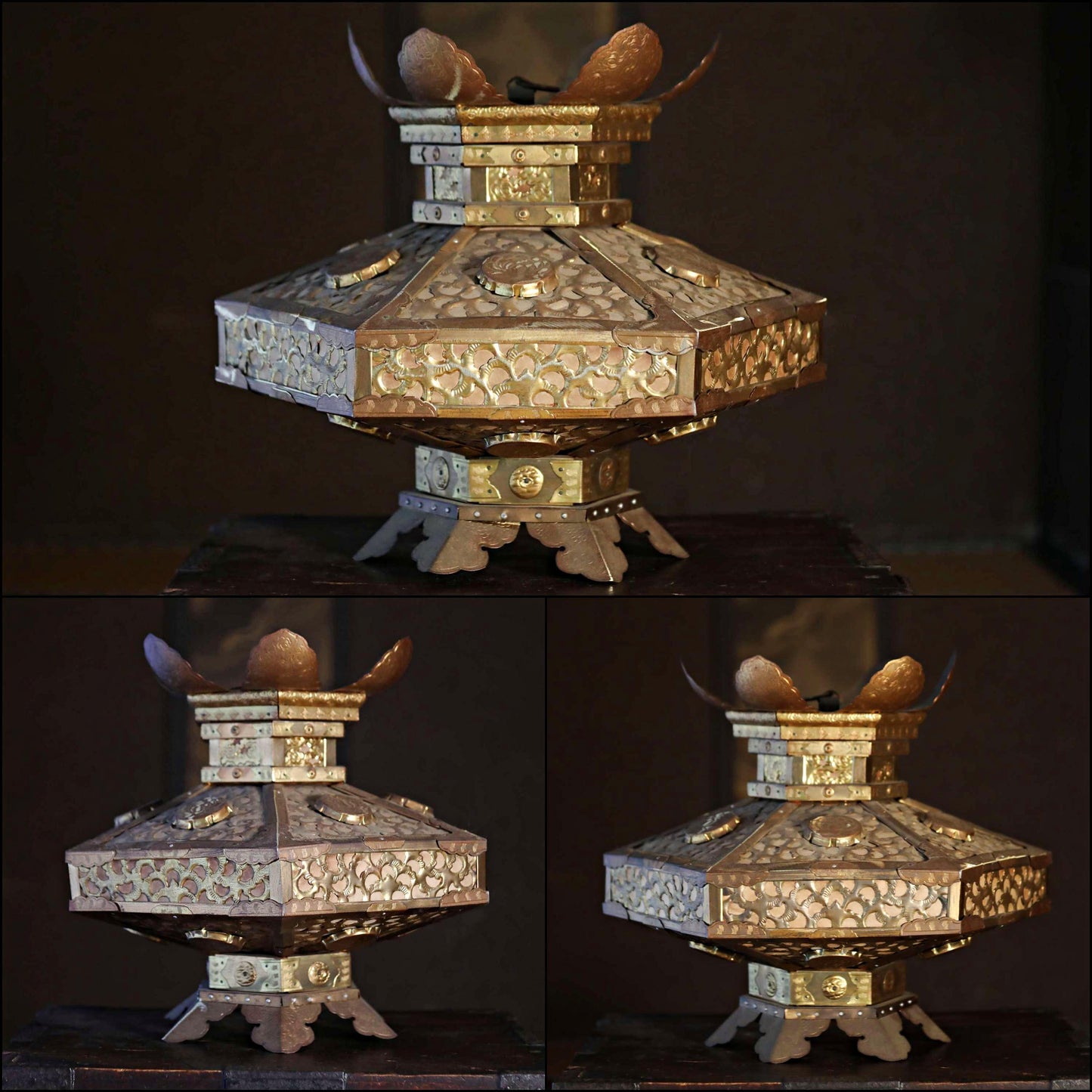 RARE! BIG! Japanese Antique gold Lantern Buddhist temple lamp Hanging Lantern Tsuridoro open work H14.6×W16.5in/H37×42cm