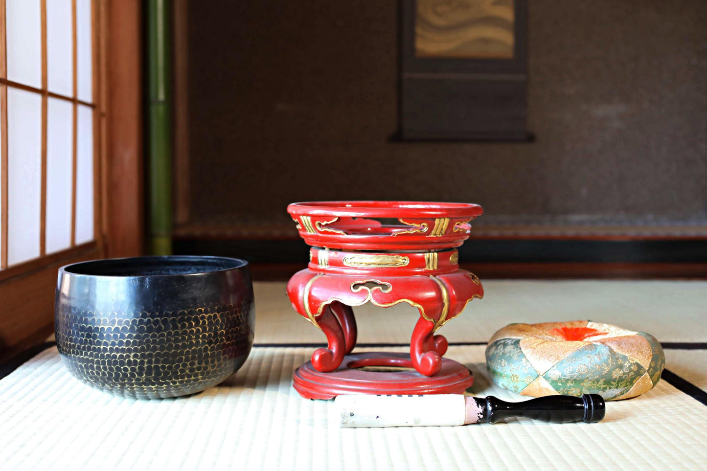 FINE! Japanese antique Bronze buddhist chanting bell with sign妙龍, Singing Bowl, ORIN Buddhist with wooden stand cushions stick W9.1in/W23cm