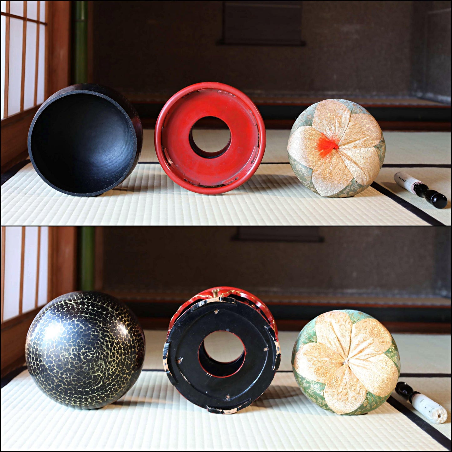 FINE! Japanese antique Bronze buddhist chanting bell with sign妙龍, Singing Bowl, ORIN Buddhist with wooden stand cushions stick W9.1in/W23cm
