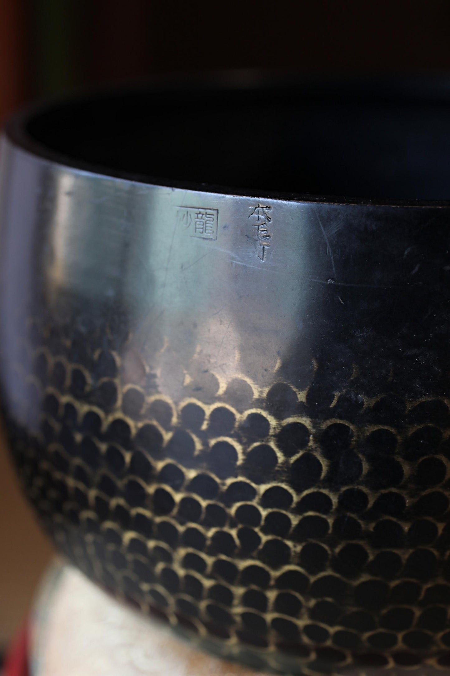 FINE! Japanese antique Bronze buddhist chanting bell with sign妙龍, Singing Bowl, ORIN Buddhist with wooden stand cushions stick W9.1in/W23cm