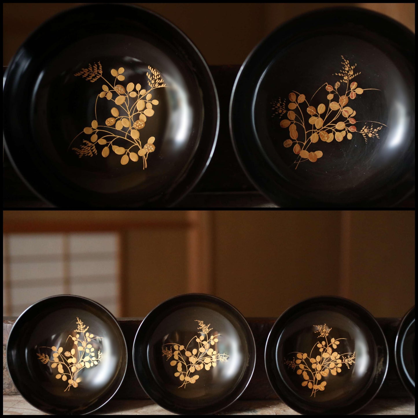 Japanese antique MAKIE fine lacquer bowls set of 5 with painting of sparrow and plants, Owan miso cups black gold tableware W4.9in/12.5cm