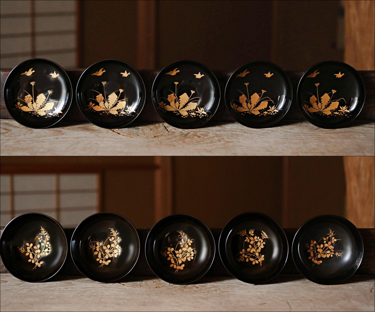 Japanese antique MAKIE fine lacquer bowls set of 5 with painting of sparrow and plants, Owan miso cups black gold tableware W4.9in/12.5cm