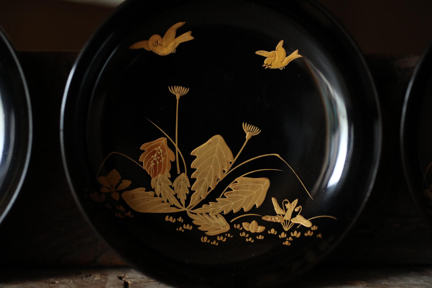Japanese antique MAKIE fine lacquer bowls set of 5 with painting of sparrow and plants, Owan miso cups black gold tableware W4.9in/12.5cm