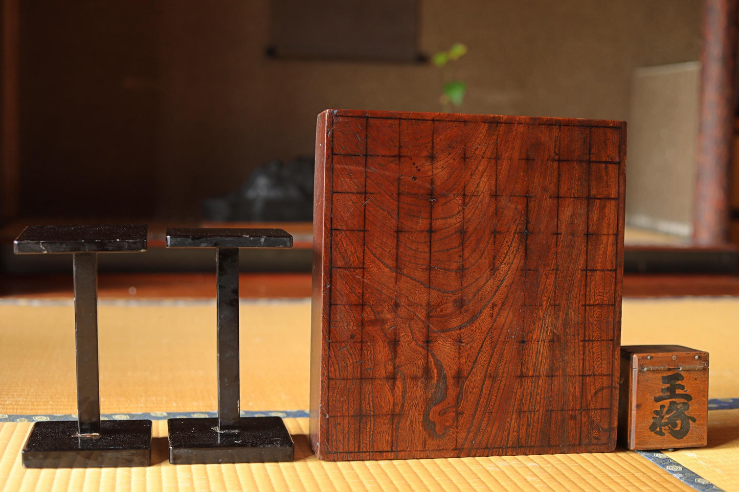 Japanese furniture antique full of set SHOGI board game playing table curved out of one wood with pieces and stand ready to play 1890s