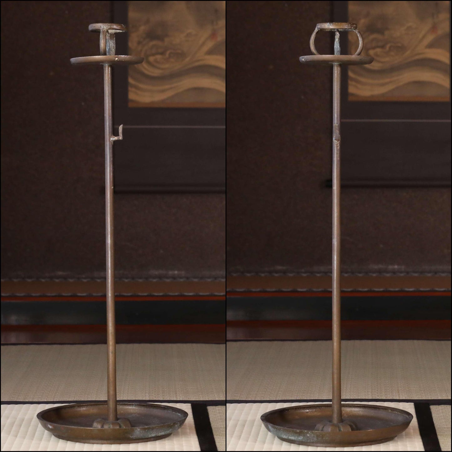 FINE! Japan Antique 1870s bronze candle stand tall Candlestick metal Lantern Shokudai hand craft SAMURAI Buddhist temple Edo H27.2in/H69cm
