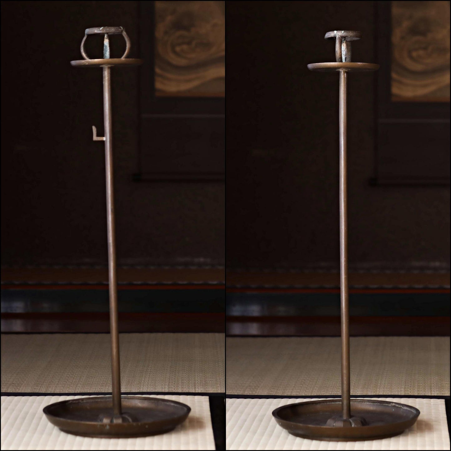FINE! Japan Antique 1870s bronze candle stand tall Candlestick metal Lantern Shokudai hand craft SAMURAI Buddhist temple Edo H27.2in/H69cm