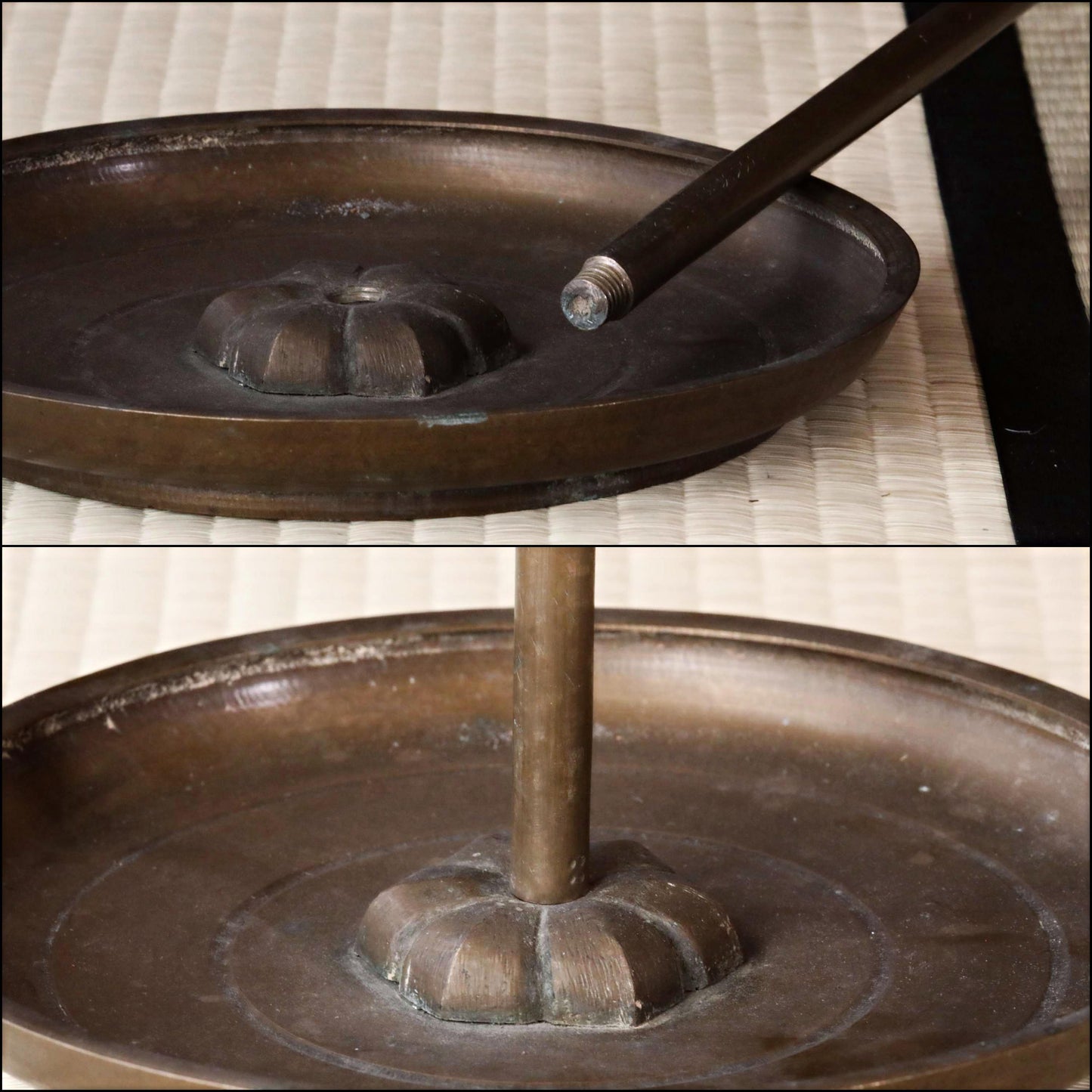 FINE! Japan Antique 1870s bronze candle stand tall Candlestick metal Lantern Shokudai hand craft SAMURAI Buddhist temple Edo H27.2in/H69cm