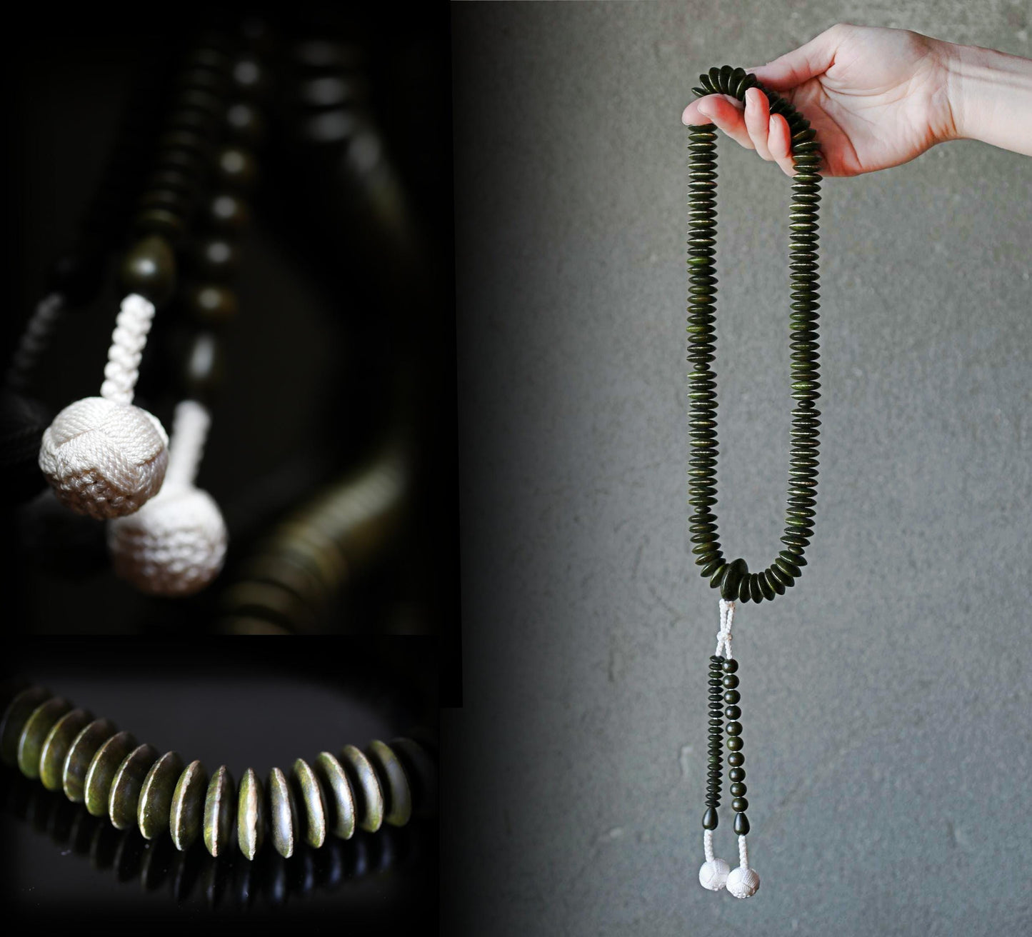 FINE! Japanese buddhist Prayer long Rosary high grade made of green sandalwood beads and silk, JUZU Power stone Meditation Zen with Box