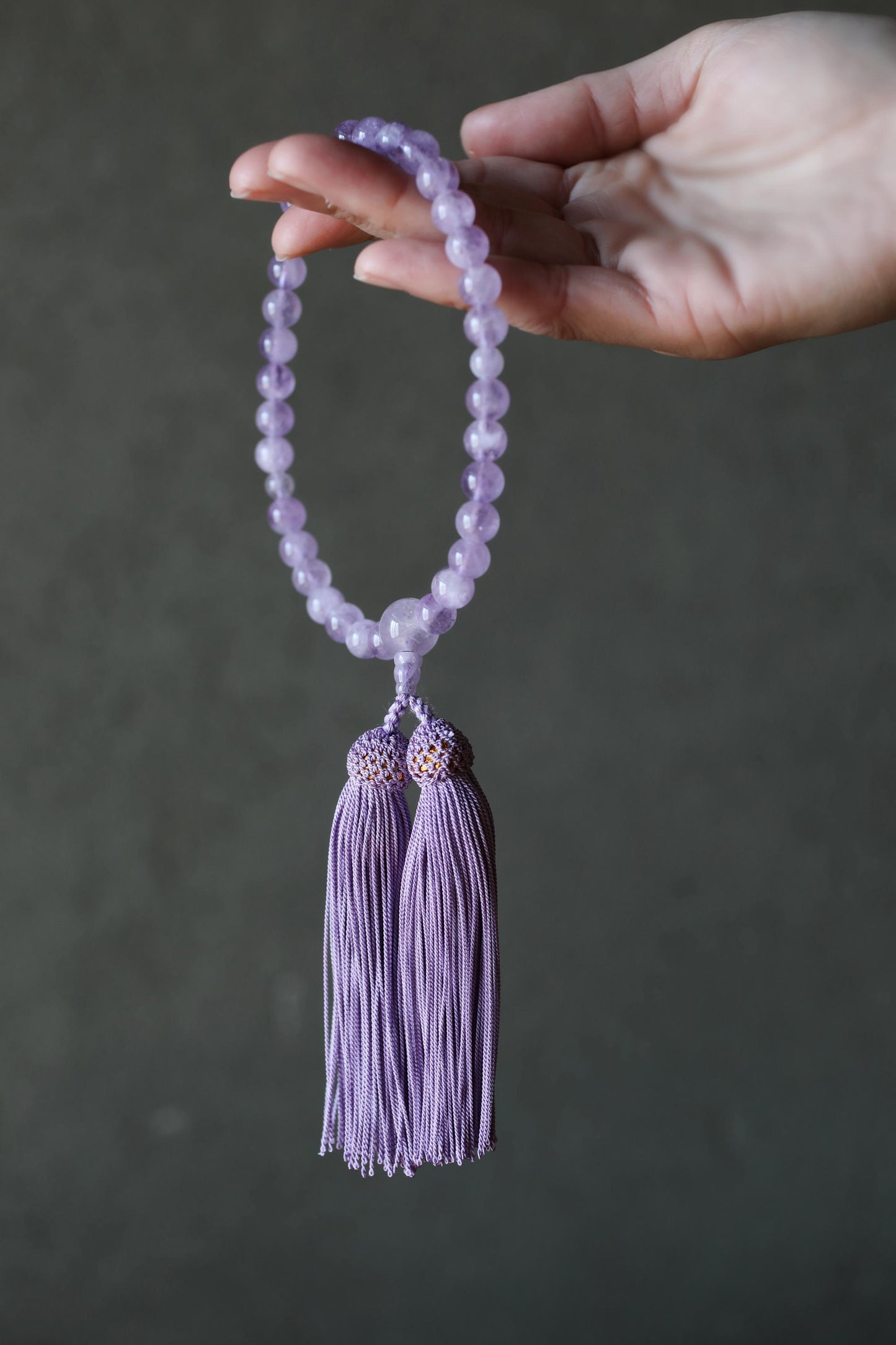 FINE! Japanese buddhist Prayer Rosary made of Amethyst beads and silk, JUZU Power stone Meditation Zen with Silk Pouch wooden box for GIT