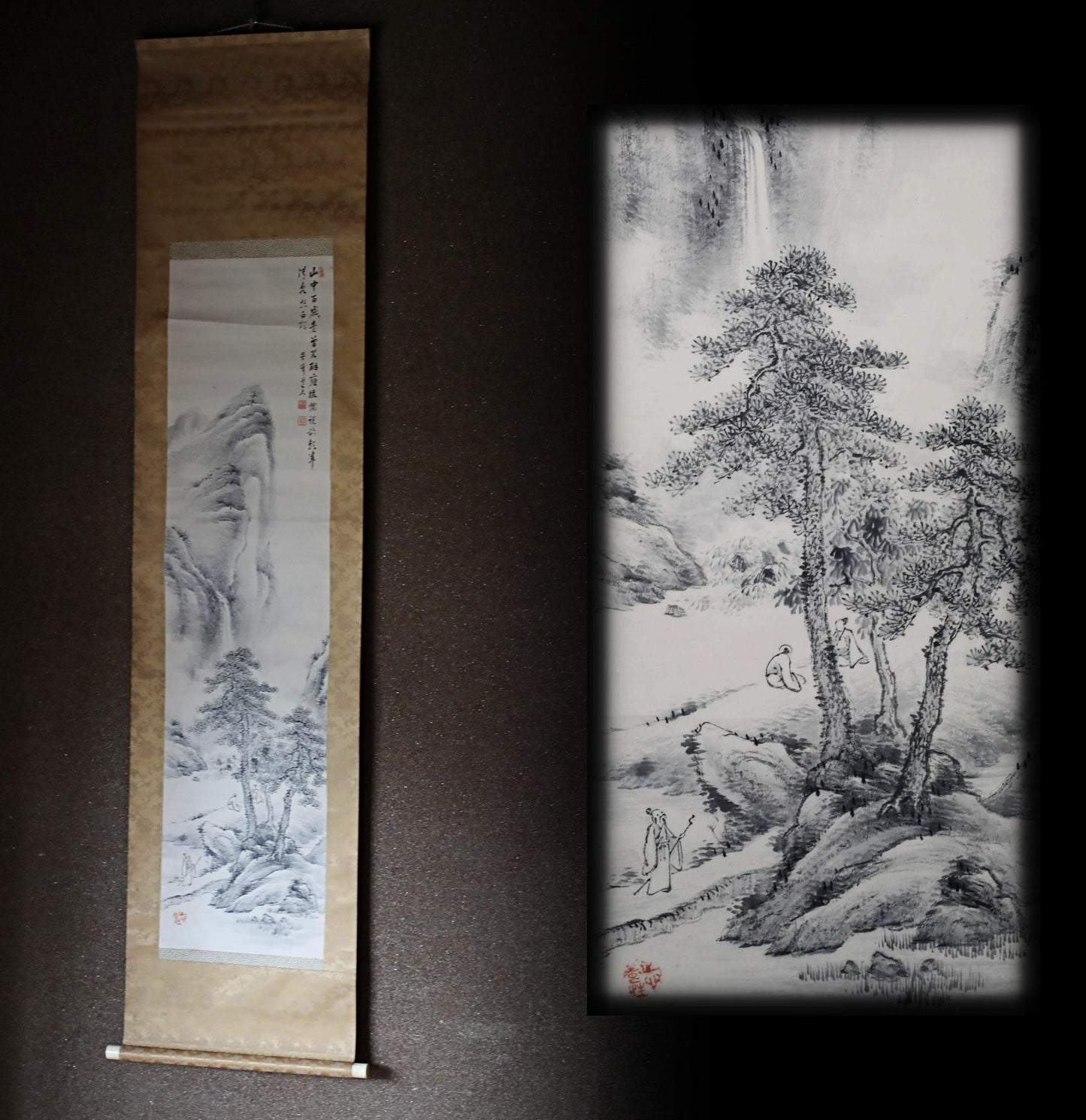 Japanese antique brush ink painting scroll fine Landscape in mountain waterfall hermit, Kanji sign, Silk KAKEJIKU H75.2×19.7in/H191x50cm