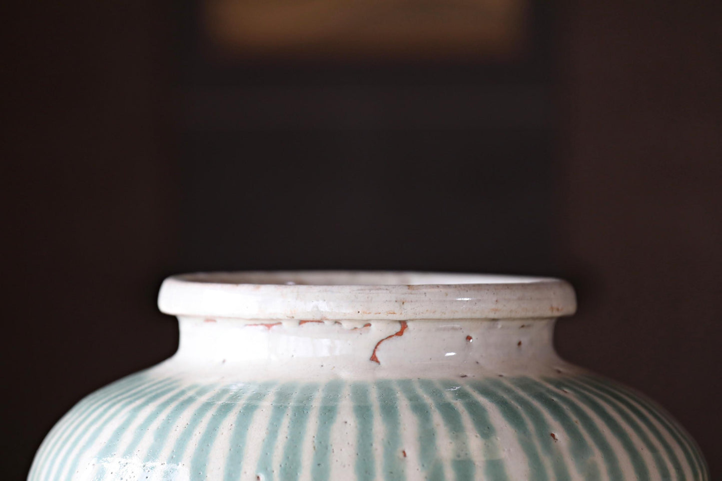 BIG! FINE! Japanese antique ceramic jar SHIGARAKI ware 1890s, Beautiful blue-green stripes like a waterfall, H19.3xW14.6/H49xW37cm