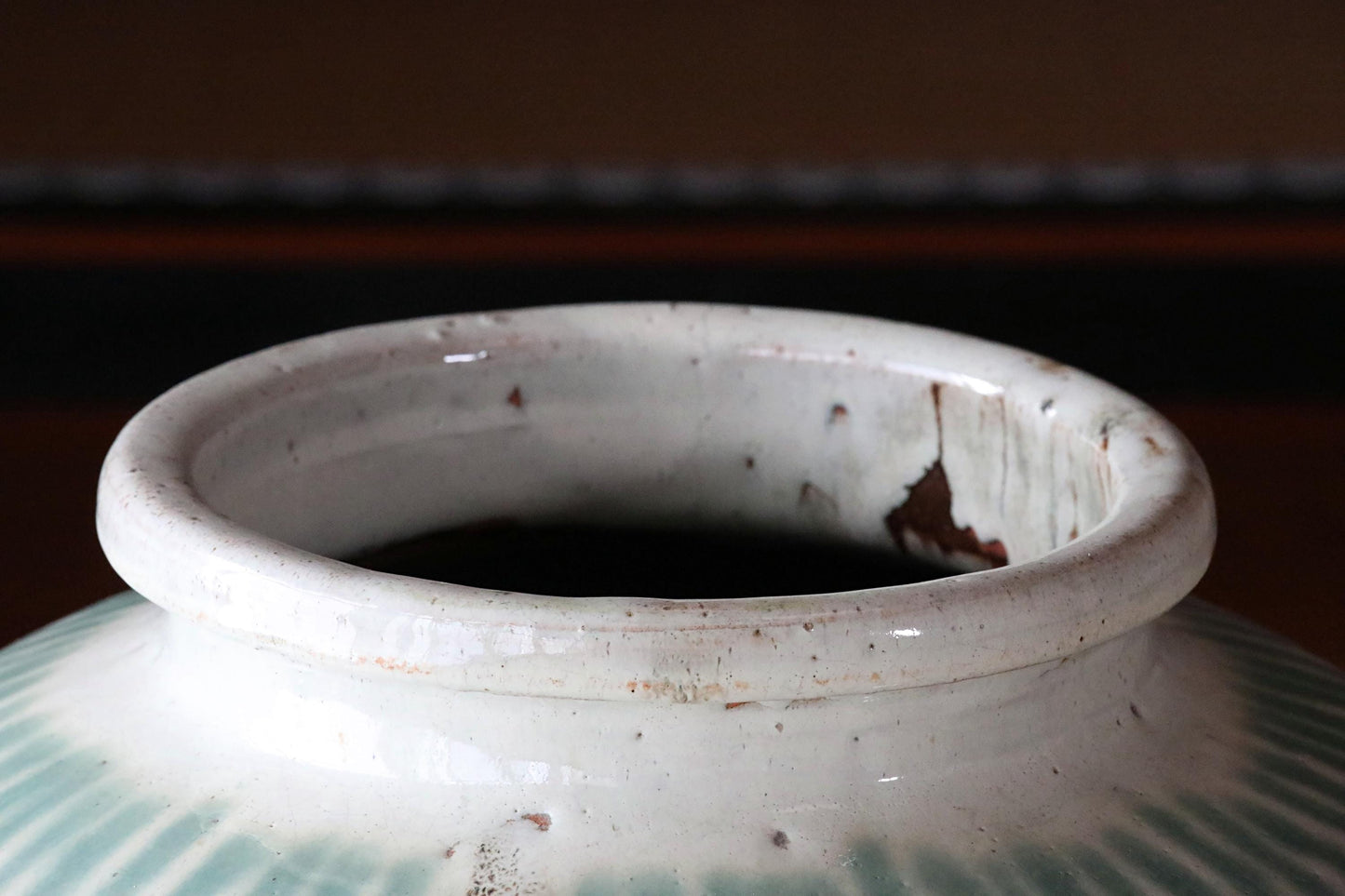 BIG! FINE! Japanese antique ceramic jar SHIGARAKI ware 1890s, Beautiful blue-green stripes like a waterfall, H19.3xW14.6/H49xW37cm