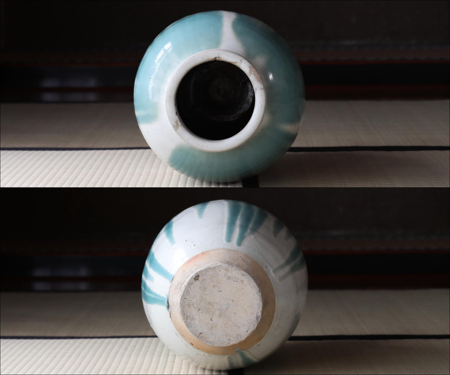 BIG! FINE! Japanese antique ceramic jar SHIGARAKI ware 1920s, Beautiful blue-green stripes like a waterfall, H17.3xW12.2/H44xW31cm