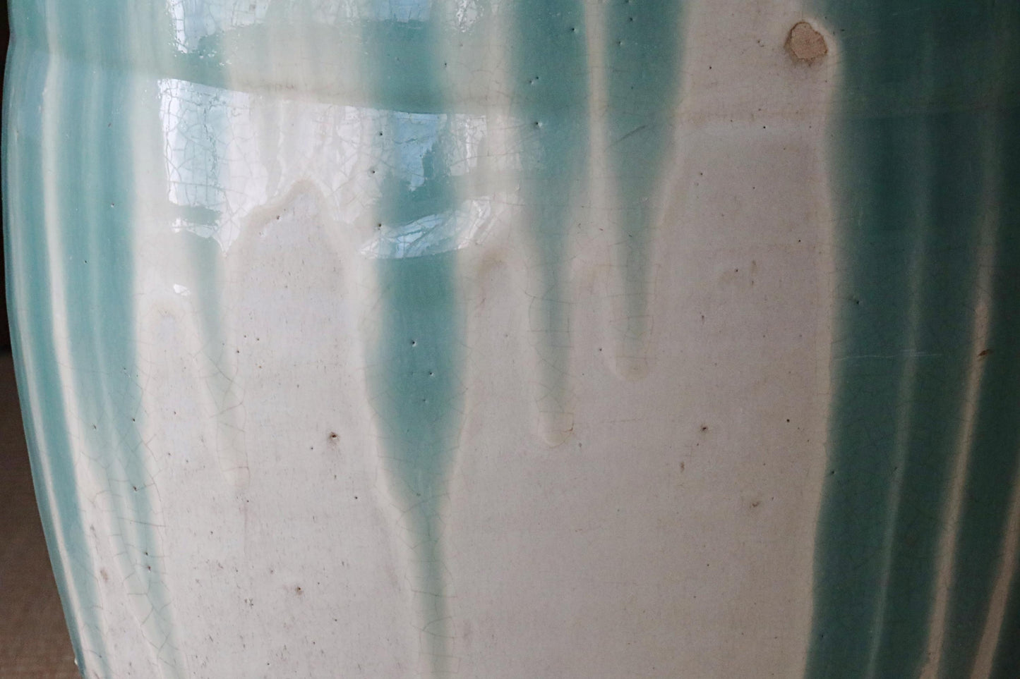 BIG! FINE! Japanese antique ceramic jar SHIGARAKI ware 1920s, Beautiful blue-green stripes like a waterfall, H17.3xW12.2/H44xW31cm