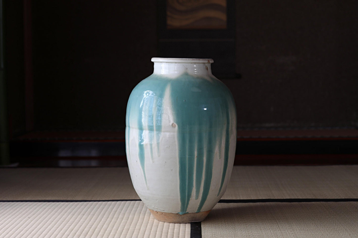 BIG! FINE! Japanese antique ceramic jar SHIGARAKI ware 1920s, Beautiful blue-green stripes like a waterfall, H17.3xW12.2/H44xW31cm