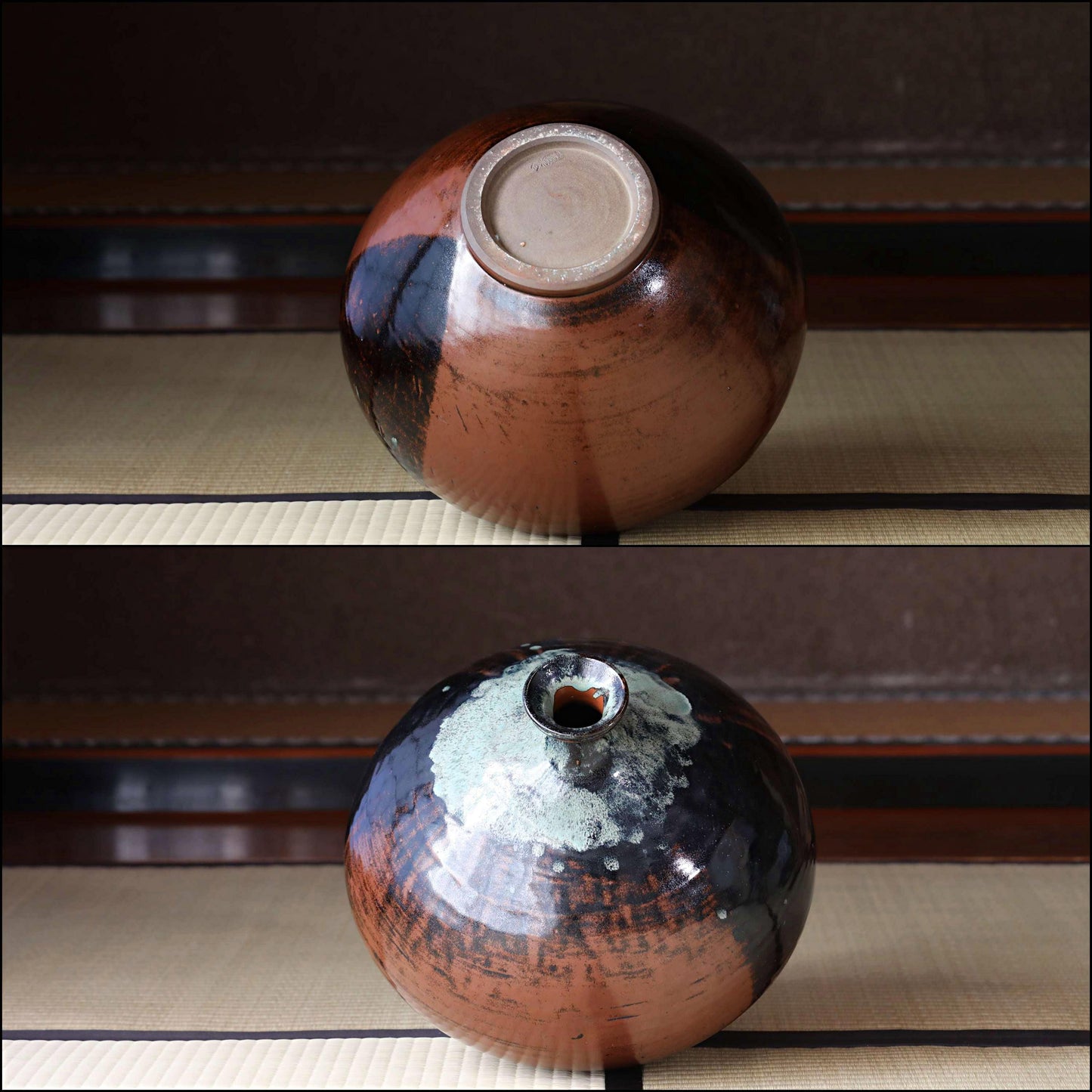 BIG! RARE! Japanese vintage ceramic jar Mashiko ware MINGEI, Half black and half brown H17.3xW12.2/H44xW31cm