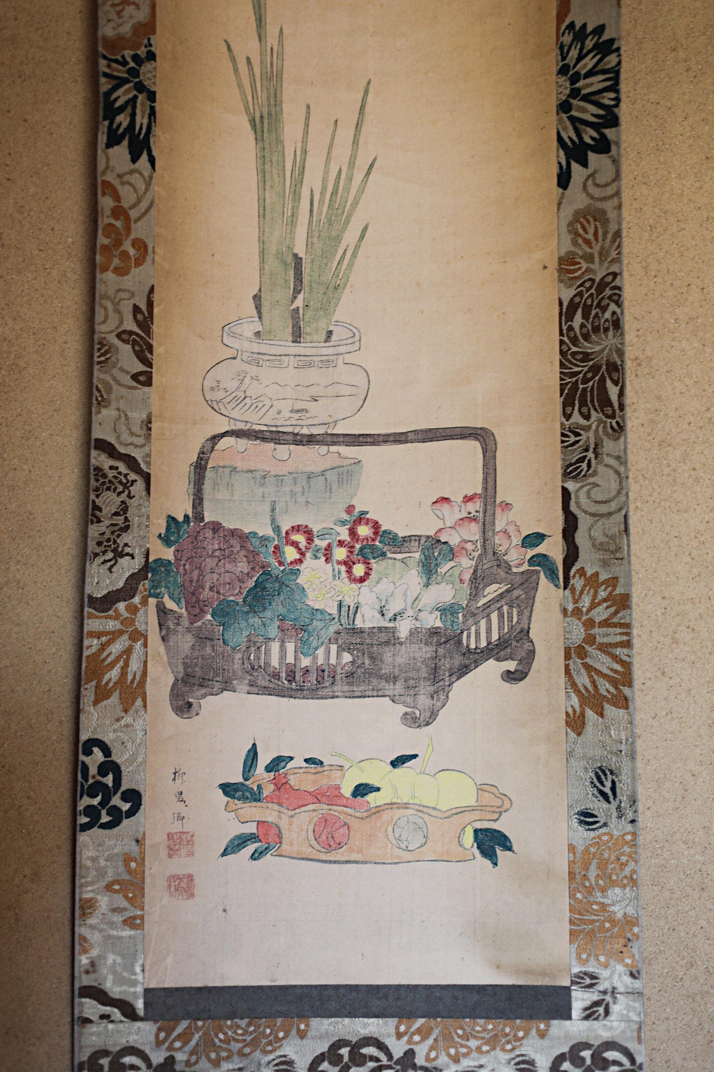 Japanese antique hanging scroll of water color painting on silk, ikebana, flower basket, Fruits KAKEJIKU with BOX 1920s H61in/H155cm