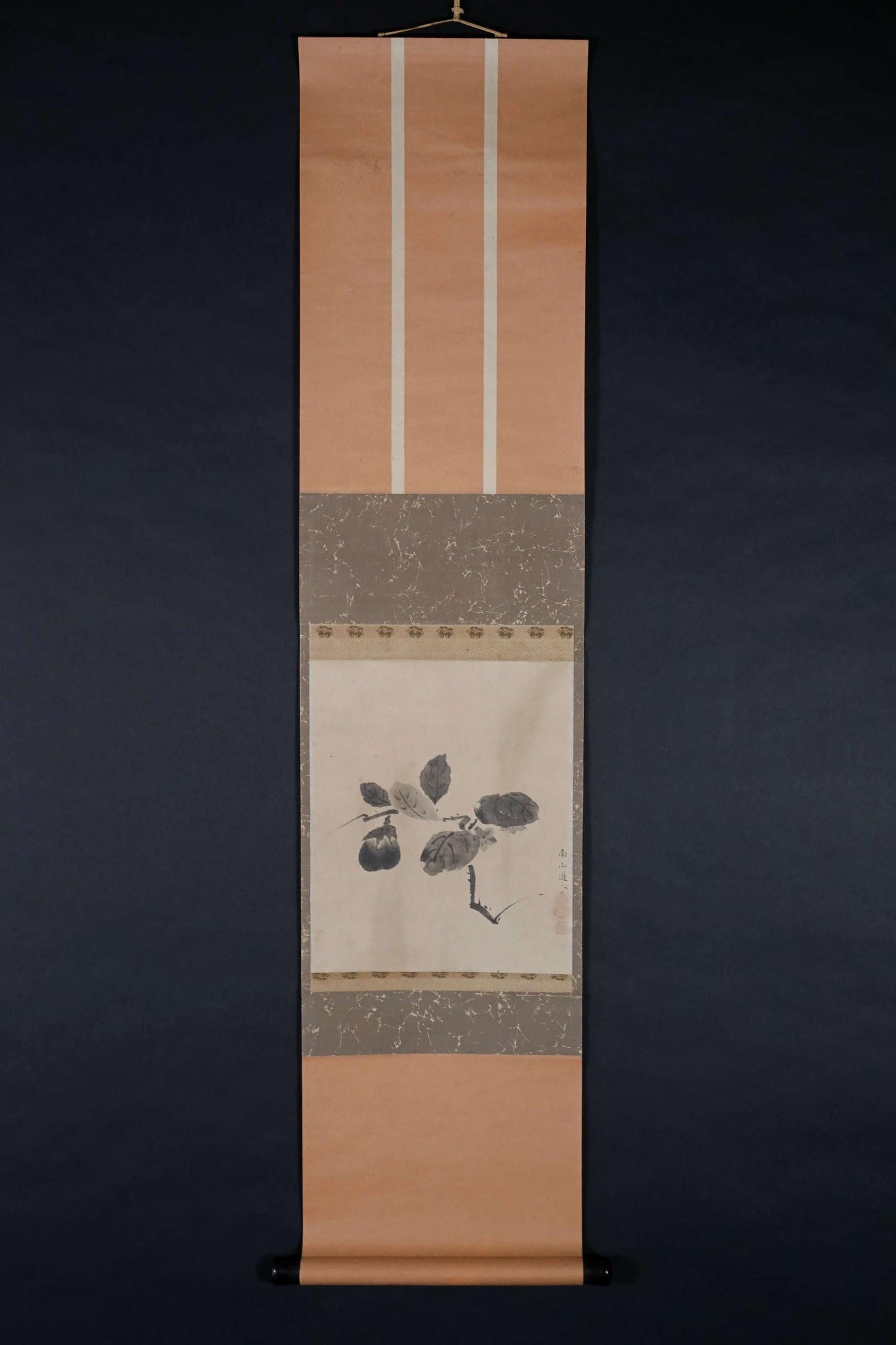 Japanese vintage hanging scroll for tea room Ink painting of eggplant with sign by buddhist monk sign box reproduction H45.7in/116cm
