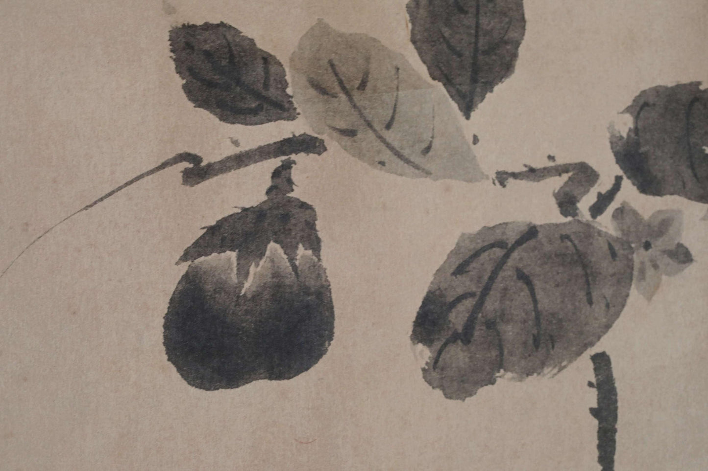 Japanese vintage hanging scroll for tea room Ink painting of eggplant with sign by buddhist monk sign box reproduction H45.7in/116cm