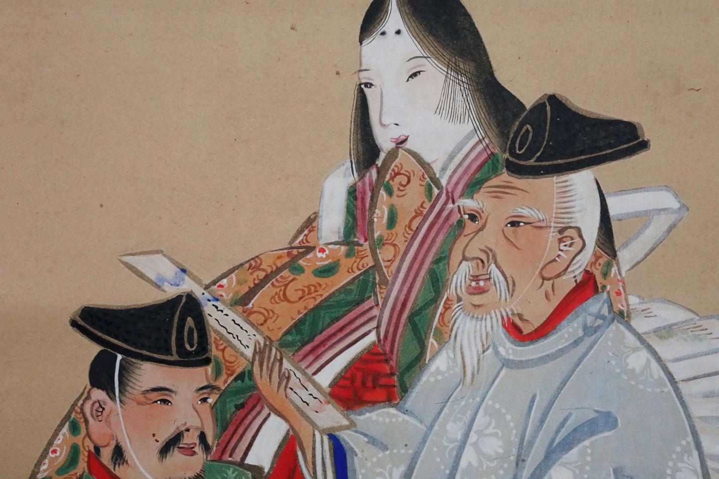 Japanese antique watercolor painting scroll of three nobles by Nangaku imitation, KAKEJIKU with BOX in 1900s Kanji signature H72in/H183cm