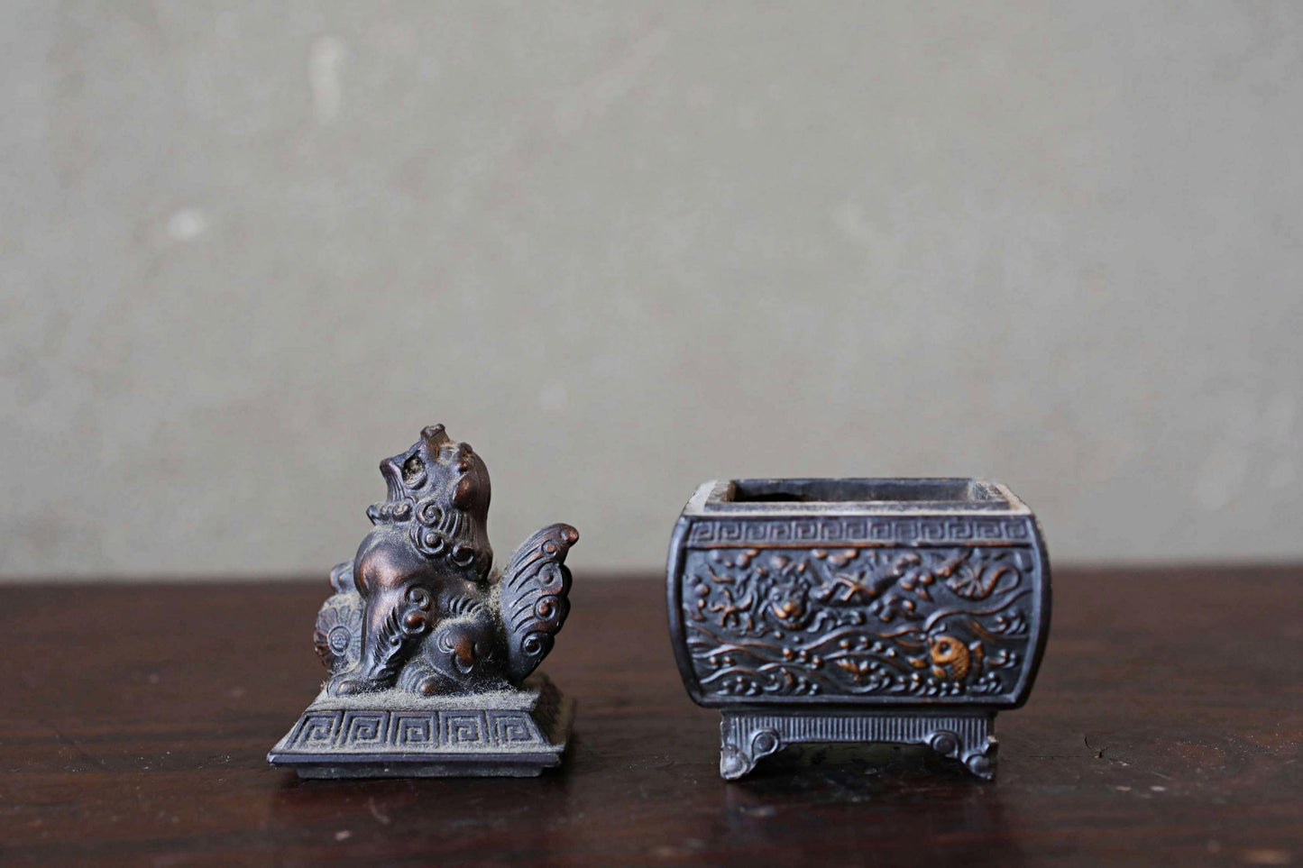 Japanese antique bronze small censer incense holder with shishi lion sign ,Smoke from the lion's mouth For GIFT H3.9in/H10cm