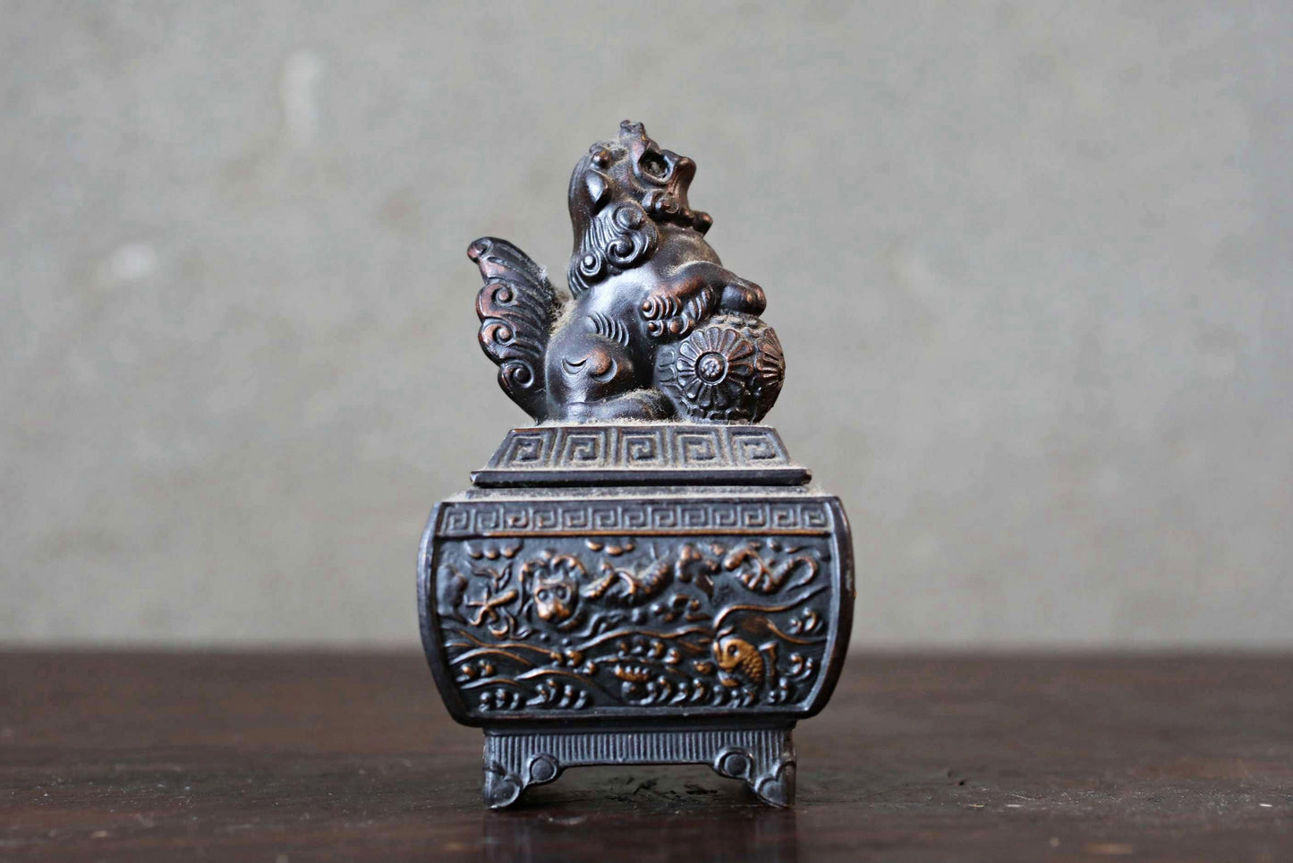 Japanese antique bronze small censer incense holder with shishi lion sign ,Smoke from the lion's mouth For GIFT H3.9in/H10cm
