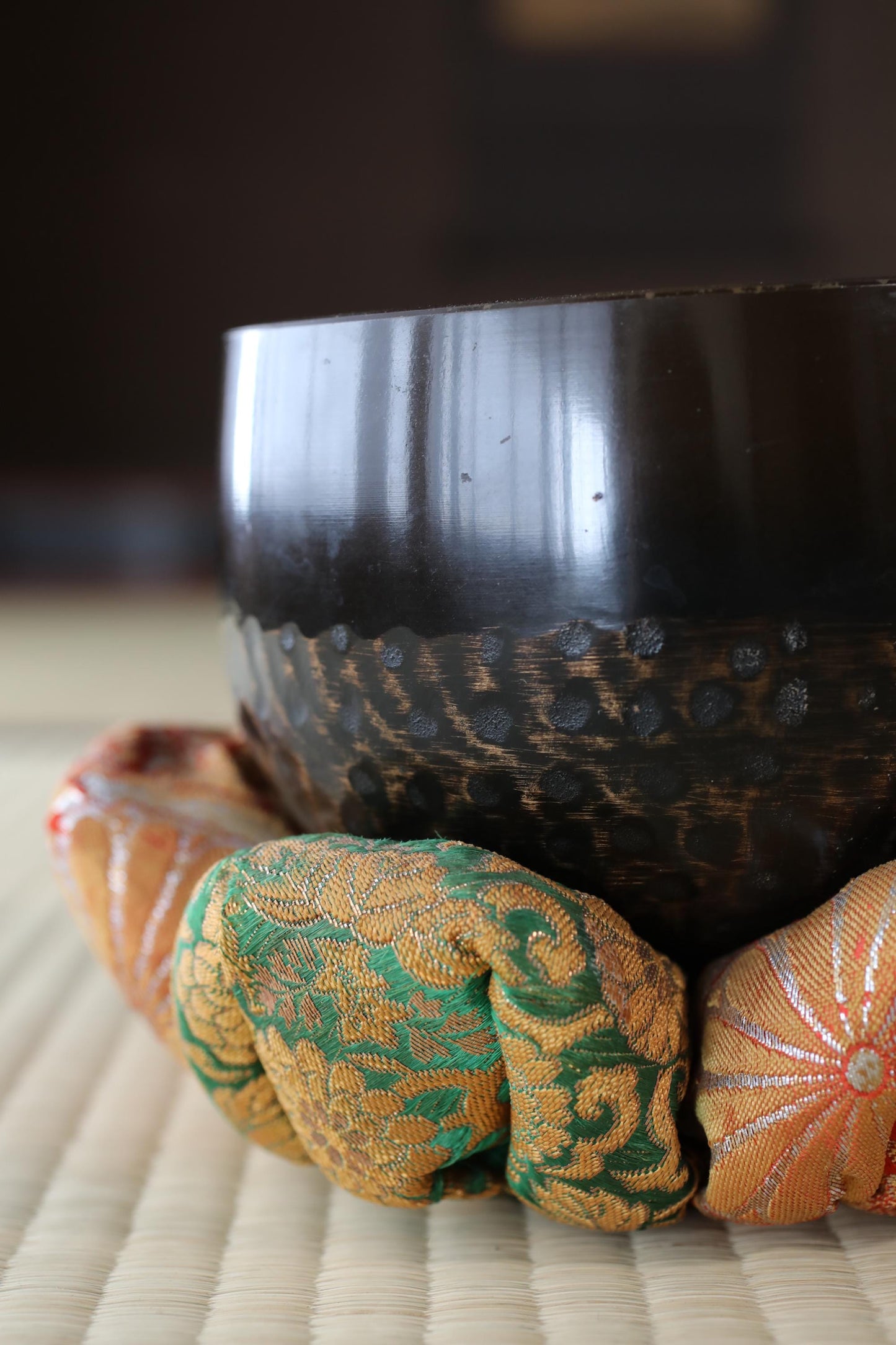 Japanese vintage Bronze buddhist chanting bell with flower design cushion, Singing Bowl, ORIN Buddhist temple with stick W5.5in/14cm