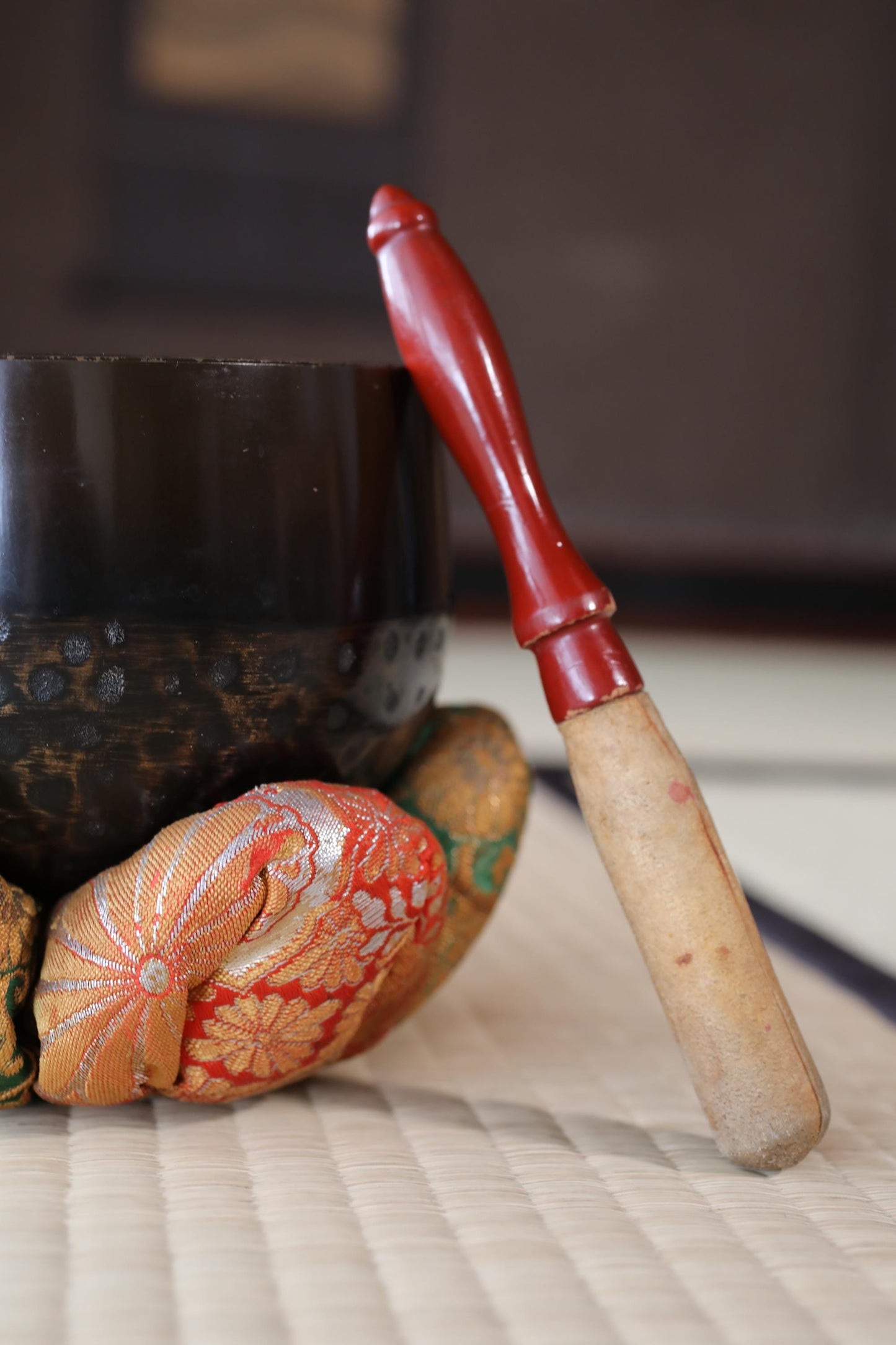 Japanese vintage Bronze buddhist chanting bell with flower design cushion, Singing Bowl, ORIN Buddhist temple with stick W5.5in/14cm