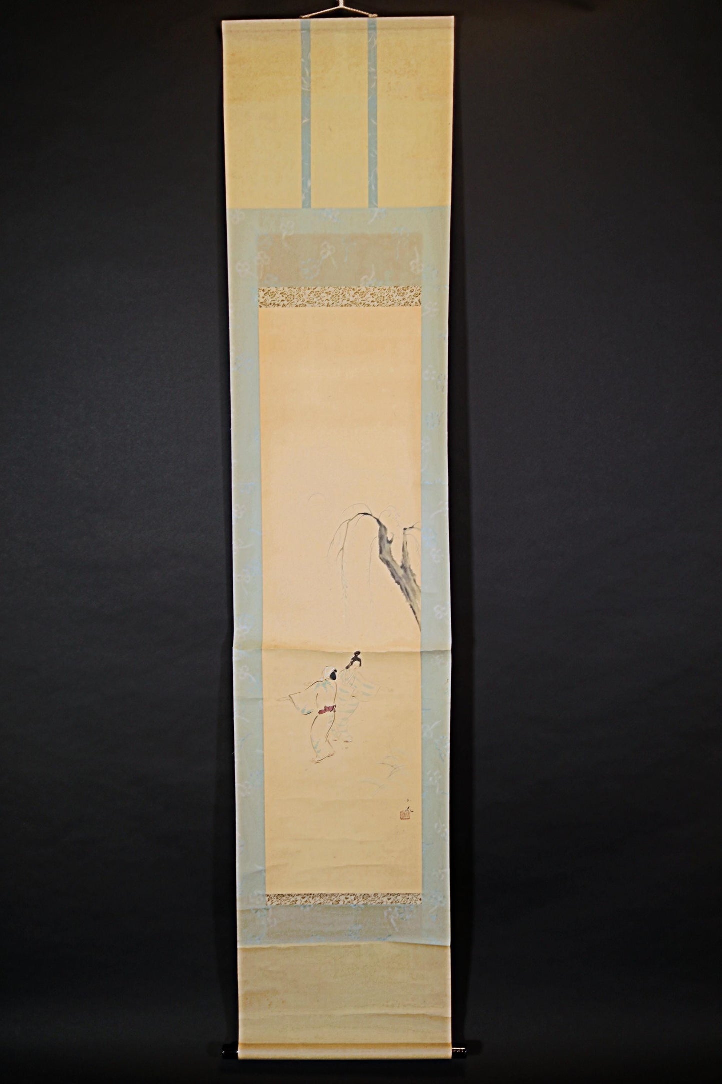 Japanese vintage painting scroll, willow tree Festival dance hand paint old hanging scroll KAKEJIKU with Kanji signature BOX H72.4in/H184cm
