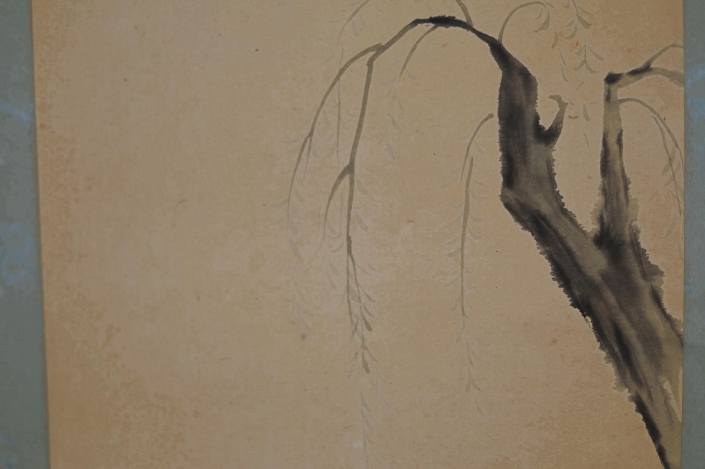 Japanese vintage painting scroll, willow tree Festival dance hand paint old hanging scroll KAKEJIKU with Kanji signature BOX H72.4in/H184cm