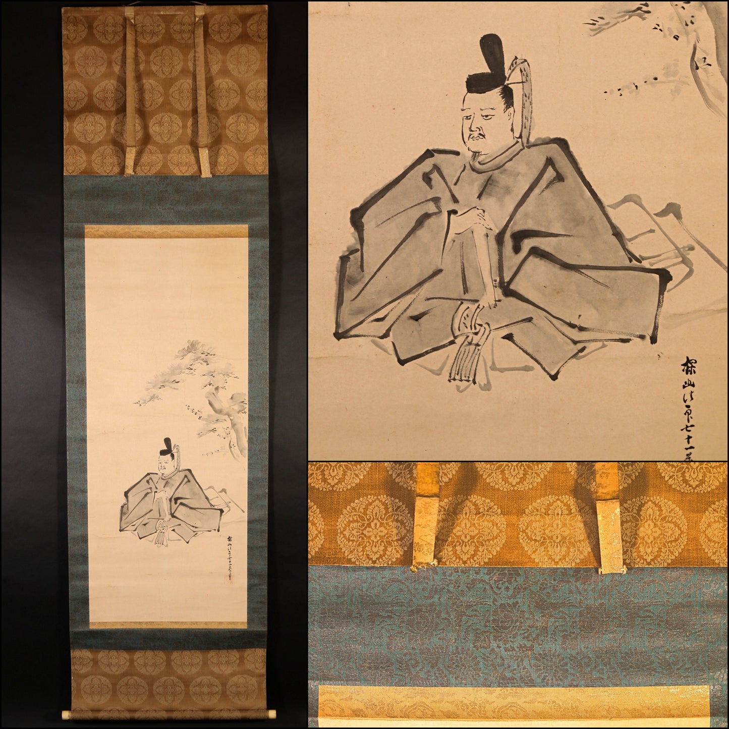 Japanese antique hanging scroll, 将軍 SHOGUN SAMURAI ink watercolor painting hand painting with signature stamp, Kanji box H72.8in/H185cm