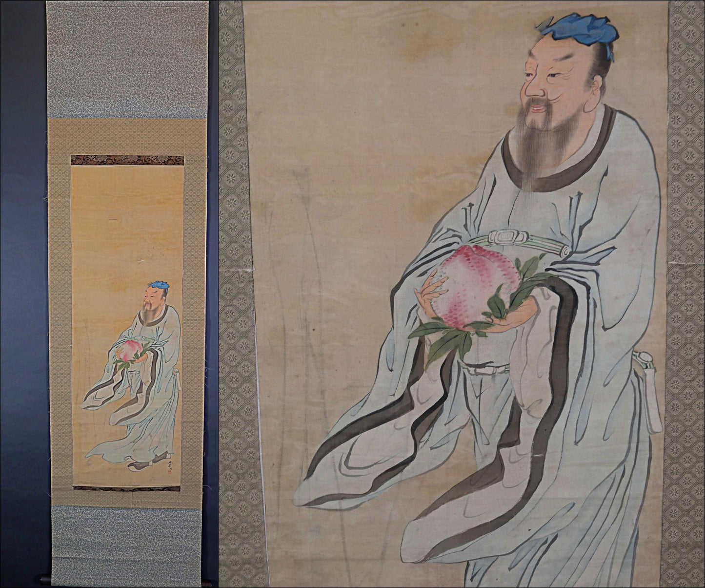 Japanese antique 1800s 文晁 ink painting scroll hermit Zen painting, ink and wash old hanging scroll Kakejiku Kanji signature H66.9in/H170cm