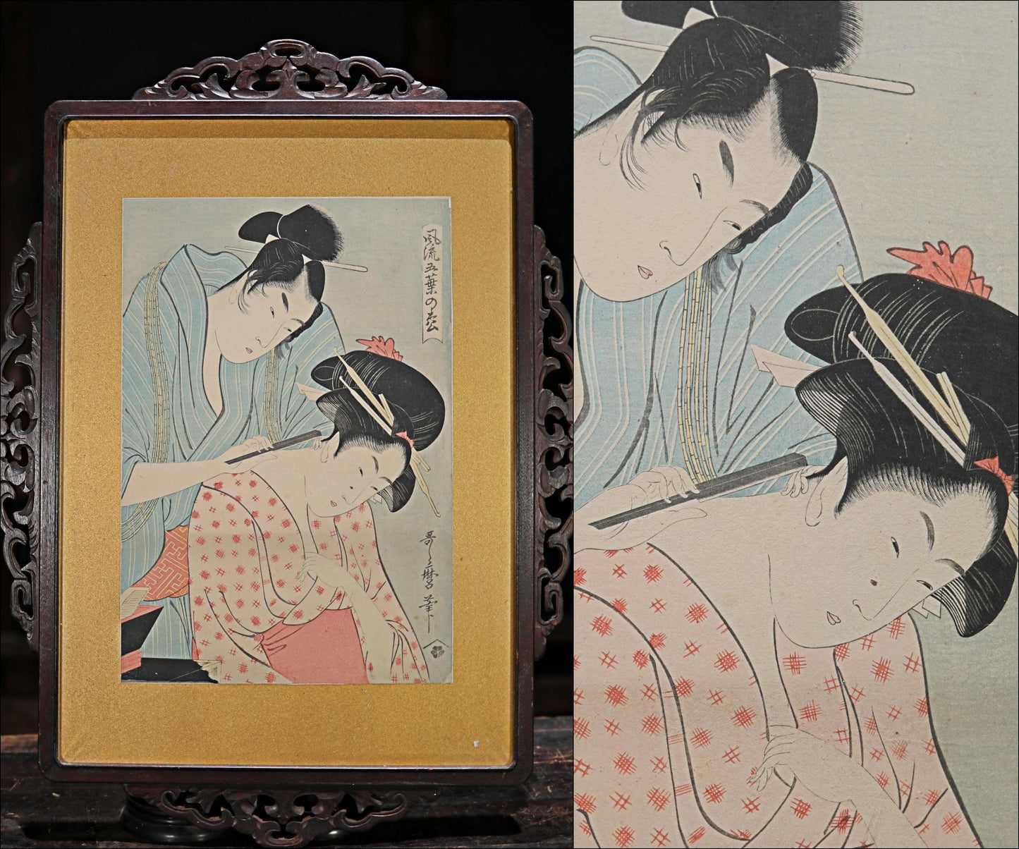 Japanese antique art of Ukiyoe with signature 歌麿Utamaro, Kimono geisha block printing with wooden flame, wall deco picture H24.8in/H63cm