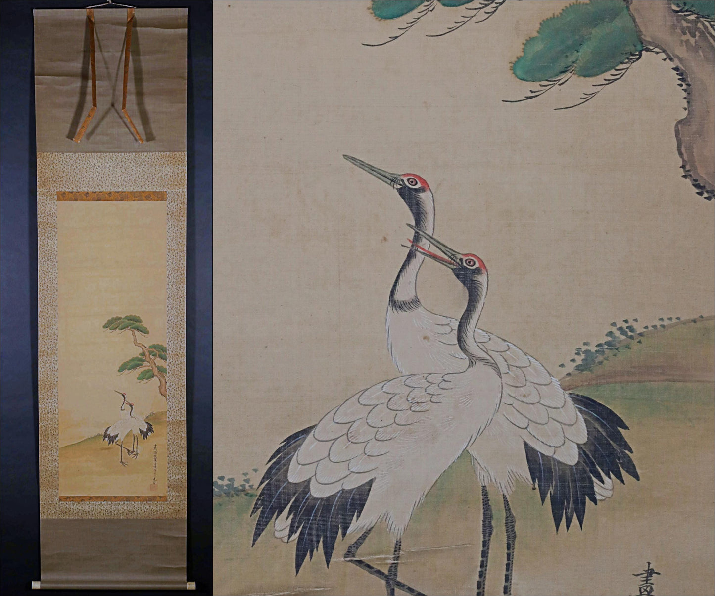 FINE! Japanese antique 1700s hanging scroll of water color painting by 藤原, a pair of cranes and pine tree with sign H68.5in/H174cm